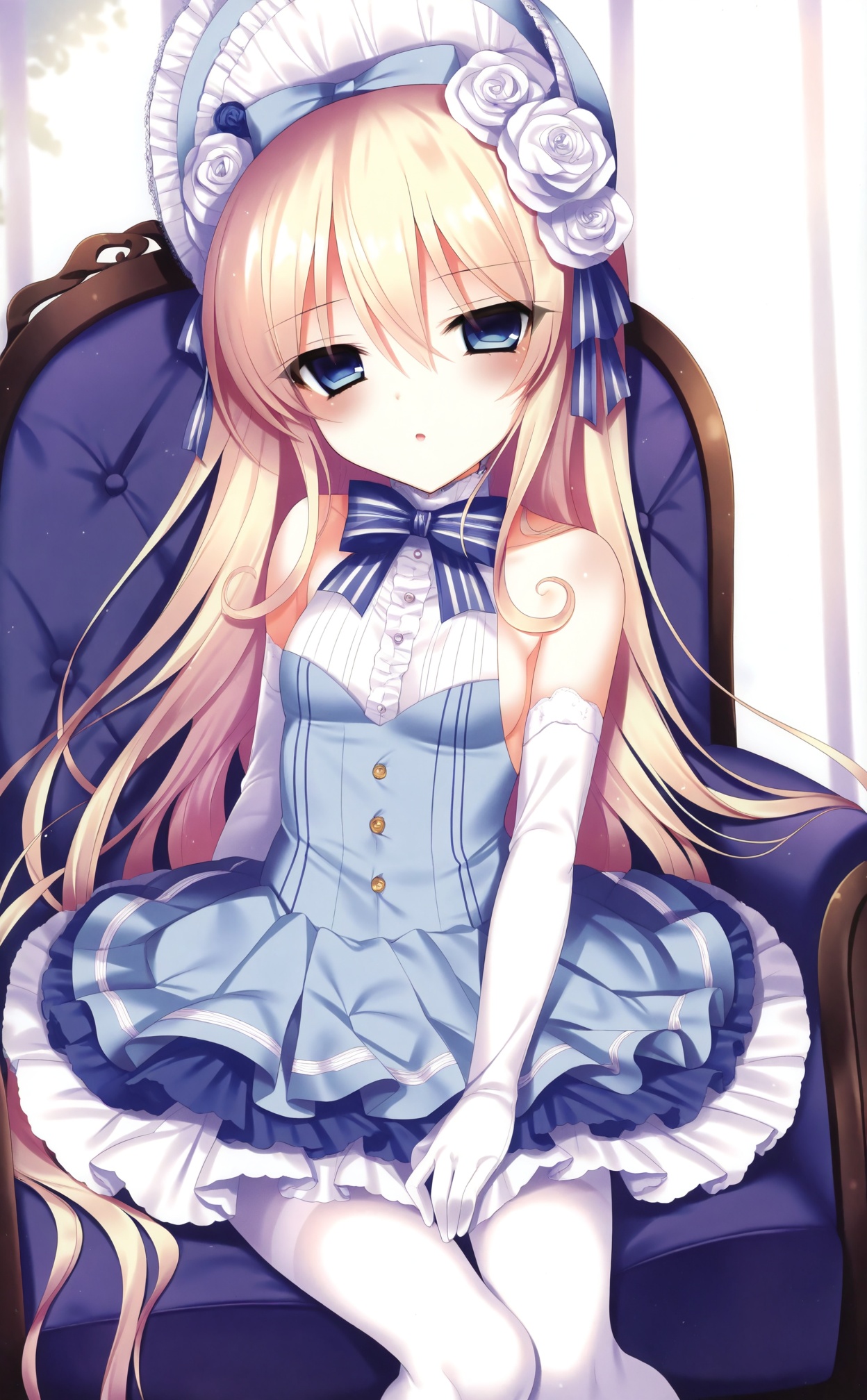 masterpiece,absurdres,best quality,((petite)),loli,high quality,//,1girl,solo,long_hair,blue_eyes,sitting,dress,white_gloves,pantyhose,gloves,white_pantyhose,elbow_gloves,striped_bow,breasts,bow,white_flower,flower,sleeveless,hair_between_eyes,looking_at_viewer,hair_flower,sleeveless_dress,very_long_hair,bonnet,blue_bow,white_rose,chair,hair_ornament,blue_dress,striped_clothes,sideboob,thighband_pantyhose,small_breasts,bowtie,frilled_dress,head_tilt,rose,hat,parted_lips,frills,layered_dress,lolita_fashion,ribbon,striped_bowtie,hat_bow,//,<lora:月影ネム——【CKXL】hans:1>,