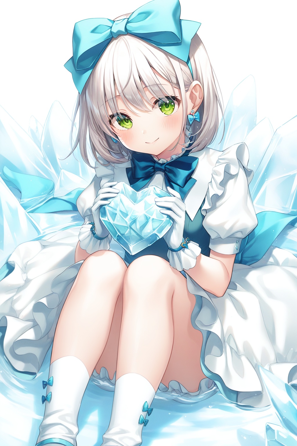 1girl, solo, blue_bow, bow, fruit, earrings, green_eyes, jewelry, frills, heart, looking_at_viewer, food, smile, closed_mouth, dress, puffy_sleeves, hair_between_eyes, socks, gloves, ice, white_gloves, white_socks, hair_bow, blush, short_hair, short_sleeves, bowtie, knees_up, heart_earrings, grey_hair, holding, blue_bowtie, white_hair, white_background