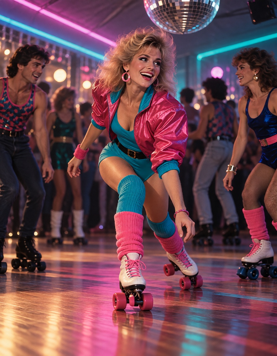 A joyful 1980s roller disco scene,  attractive young adults skating under neon lights,  colorful leg warmers on Tensor.Art