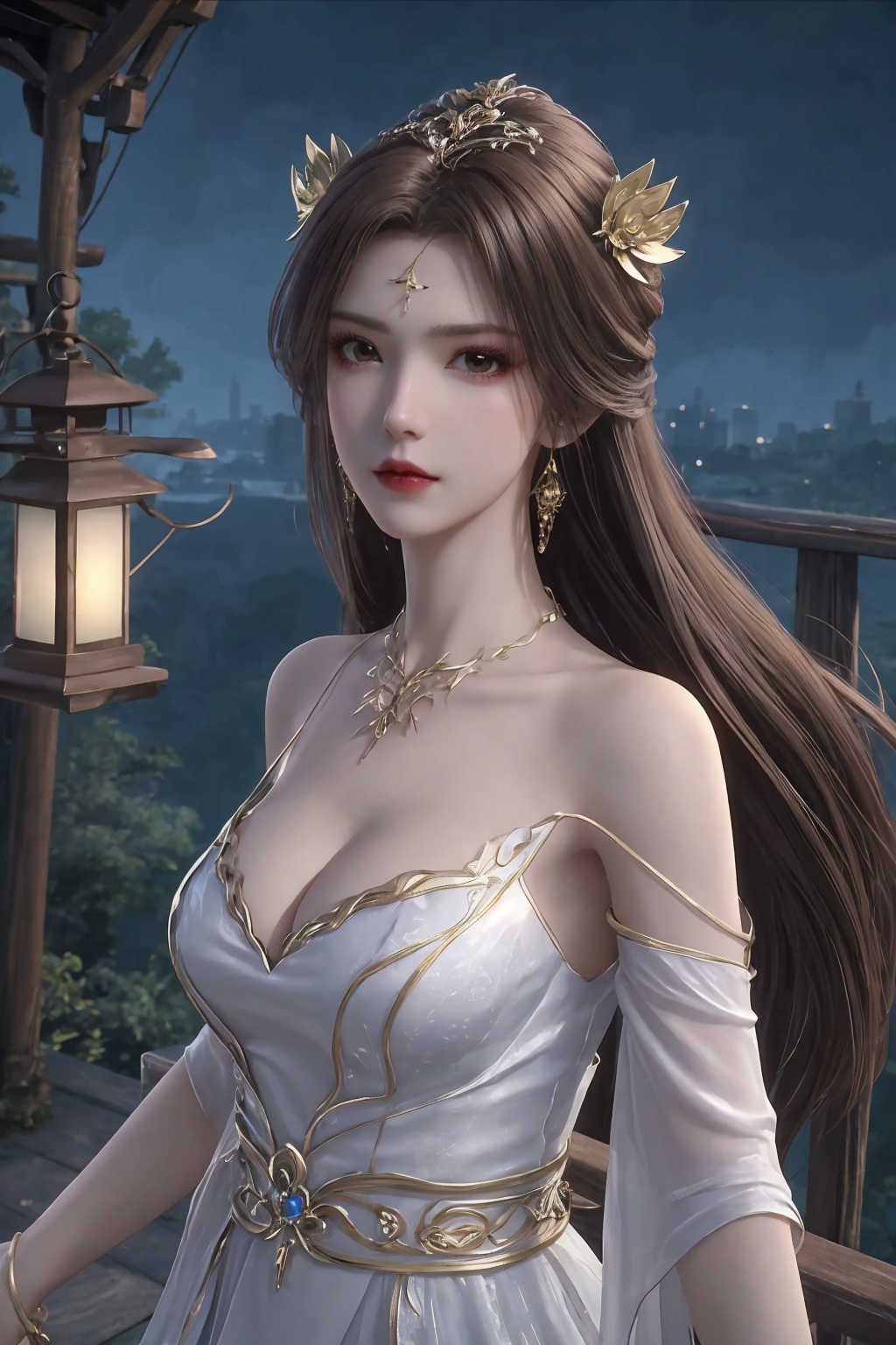 1girl, breasts, brown eyes, brown hair, building, cleavage, dress, earrings, hair ornament, jewelry, lantern, lips, long hair, looking at viewer, necklace, night, paper lantern, solo, white dress <lora:天穹1.0:0.8>