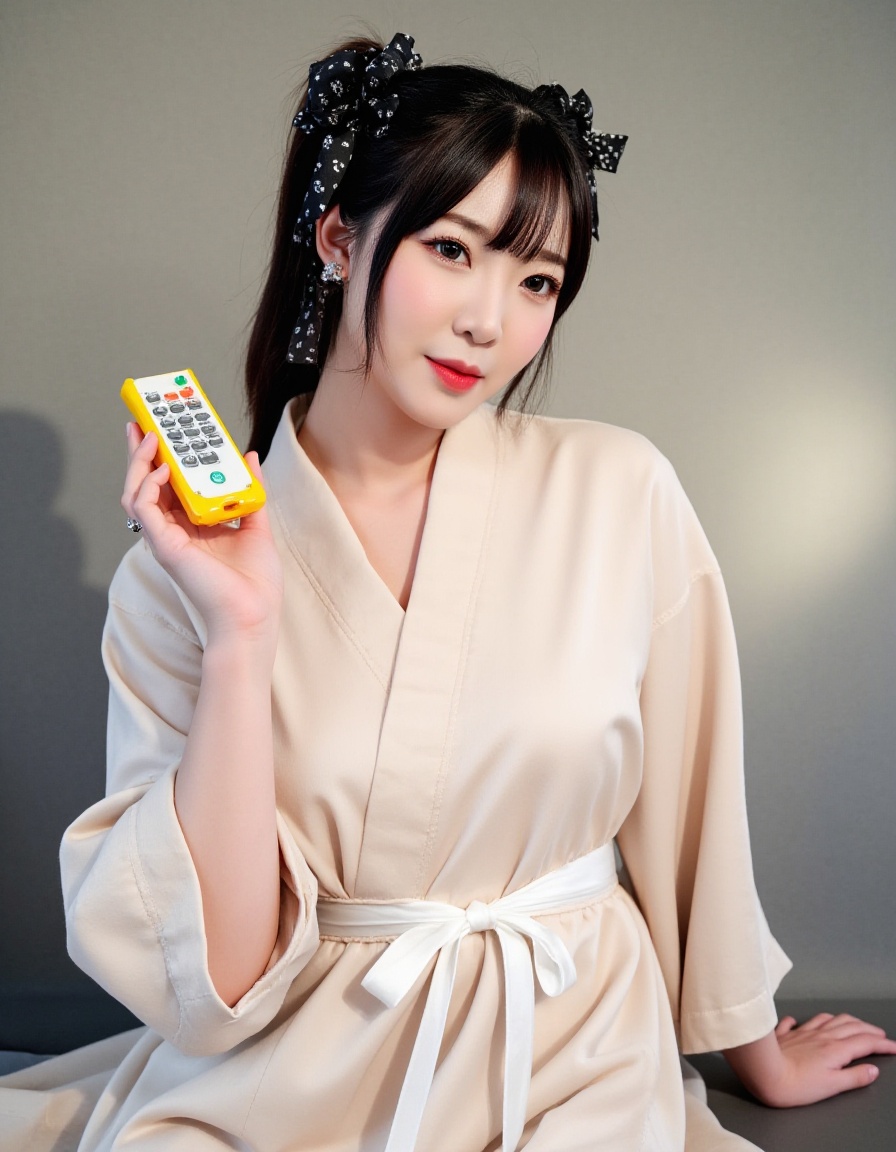 a medium-sized Asian woman,dressed in a kimono-style dress,is adorned with a white belt tied around her waist. Her hair is pulled back in a ponytail,adorned with two black bows,adding a pop of color to her outfit. She is holding a yellow and white remote control in her left hand,while her right hand rests on her right arm. The backdrop,a shadow of a person's shadow can be seen on the right side of the image.,