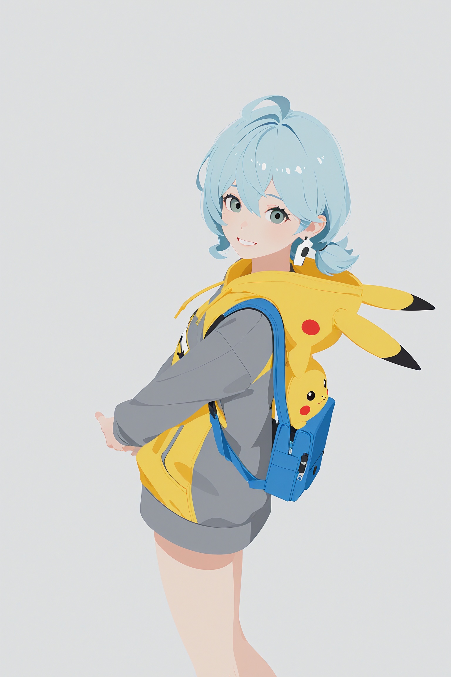 1girl,seed \(zenless zone zero\),light_blue_hair,A black hair girl wearing a Pikachu hoodie and a blue backpack,white background,(looking at user:1.2),flat color,no lineart,SimplePositiveXLv3,happy,close up,