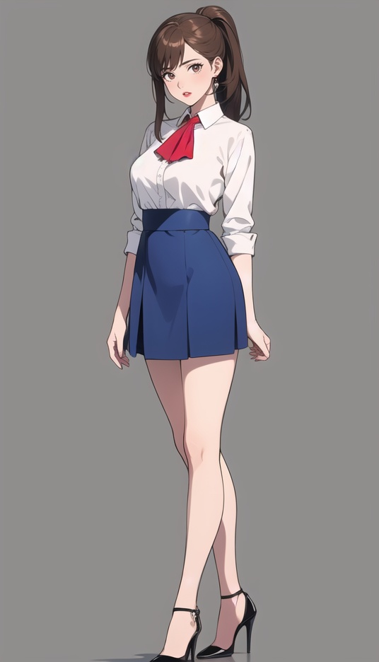 (best quality), ((masterpiece)), (highres), illustration, original, extremely detailed, 1girl, solo, long hair, skirt, brown hair, high heels, full body, white background, simple background, looking at viewer, breasts, toeless footwear, large breasts, standing, red ascot, blue skirt, ponytail, shoes, parted lips, ascot, lipstick