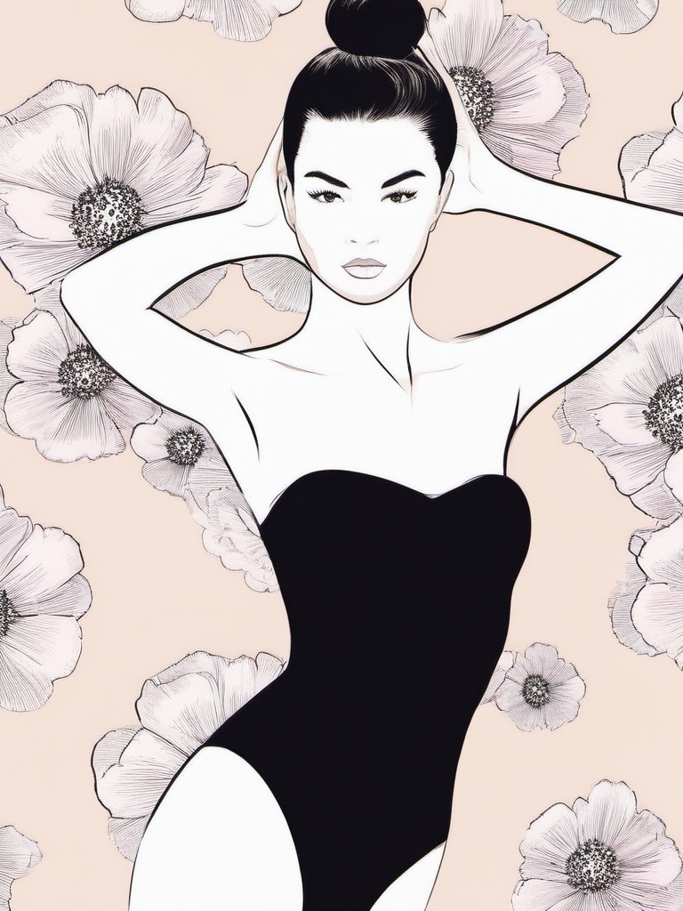 1NK ,  ,  The image are a black and white illustration of a young woman in a strapless bodysuit. She is standing with her...