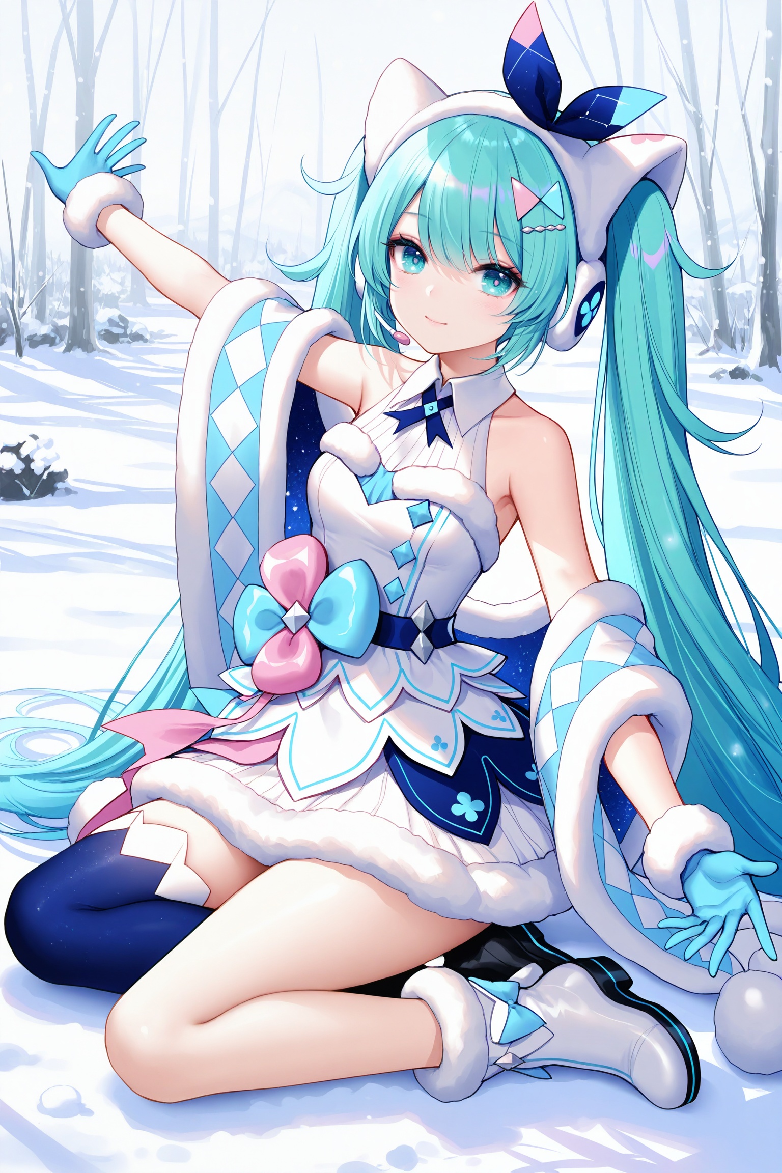 masterpiece,best quality,newest,absurdres,highres,soft shadows,photorealistic,(bison cangshu:0.5),(fuzichoco:0.6),(rimuu:0.5),(mignon:0.5),(sheya:0.6),<lora:MMM2020winterXLNAI:1>,magical mirai miku \(2020 winter\),hairclip,shawl,hairband hair ornament,fur trim,fur-trimmed gloves,fur-trimmed dress,white dress,single thighhigh,blue thighhighs,mismatched footwear,fur trim footwear,yokozuwari,thick thighs,full body,snow,spread arms,