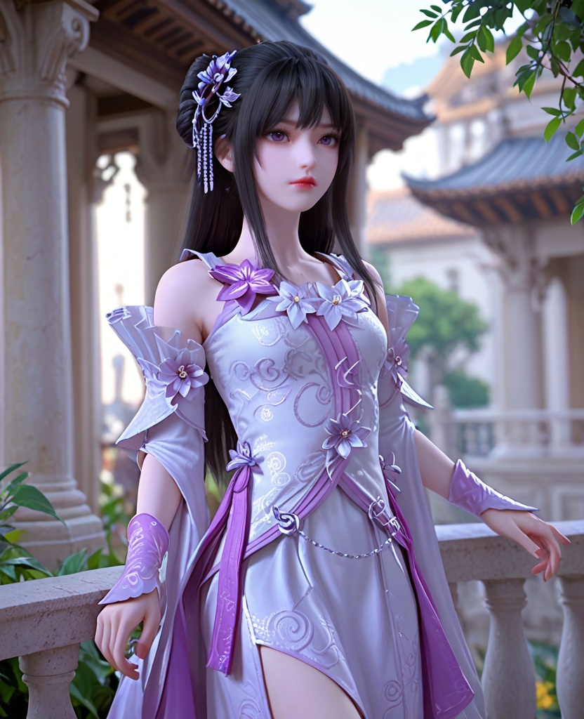 (oriental architecture, elegant decor, sophisticated style:1.1),Leaning against a fence or railing, looking away, as if waiting for someone or something,,(breasts:1.2),<lora:XL完美世界小月婵:0.9>,1minigirl,solo,dress of pinky white,detached sleeves,purple eyes,bangs,hair ornament,black hair,long hair,flower ornament,wristband,eyelashes,lips,, zPDXL2, score_9, score_8_up, score_7_up BREAK realistic, masterpiece,best quality, highly detailed,, zPDXL3, zPDXL2,zPDXL, zPDXLxxx, zPDXLrl,