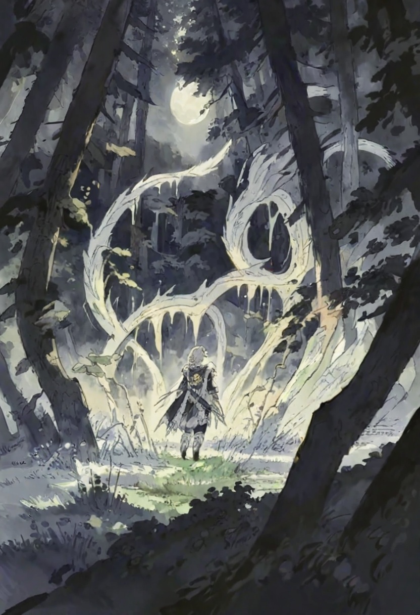 qk2, plant, from above, ghost, gloves, nature, walking, hood, spirit, standing on branch, night sky, scenery, sword, moon, pink hair, lantern, sky, weapon, jacket, grass, vines, from behind, light particles, rock, night, ambiguous gender, shorts, moonlight greatsword, outdoors, cloudy sky, forest, sunrise, tree stump, pine tree, standing, leaf umbrella,A mystical scene in a dark and eerie forest. the background is filled with tall trees and shrubs, and there are two lanterns on either side of the path leading to a cave entrance. in the center of the image, there is a large white dragon-like creature with long wings spread out behind it. the creature appears to be glowing orange and yellow, and its body is covered in intricate patterns and designs. they appear to be looking at the dragon with awe and wonder. the overall mood of the illustration is dark and mysterious, with a sense of mystery and intrigue.masterpiece, best quality, newest, absurdres, safe <lora:okra_v2.5-000030:1>