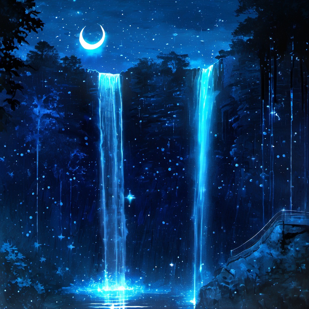 <lora:star_xl_v3:1>,silhouette painting, ethereal ambiance, blue theme, outdoors, sky, cloud, water, star \(symbol\), tree, no humans, night, star \(sky\), night sky, scenery, starry sky, torii, waterfall, shooting star, bubble, water drop, stairs, lamppost, crosswalk, a mystical and ethereal nighttime landscape, a radiant glowing waterfall that cascades down from a high cliff into a serene body of water below. the waterfall is illuminated by a bright and luminous light, mesmerizing, above the waterfall there's a floating translucent structure resembling a ufo or a flying saucer. this structure emits a soft blue glow which contrasting with the darker surroundings., the sky is filled with stars, there are various celestial bodies, a crescent moon and a planet, the landscape is adorned with trees and some of which have glowing orbs attached to them. the entire scene is bathed in a deep blue hue, a dreamy and otherworldly