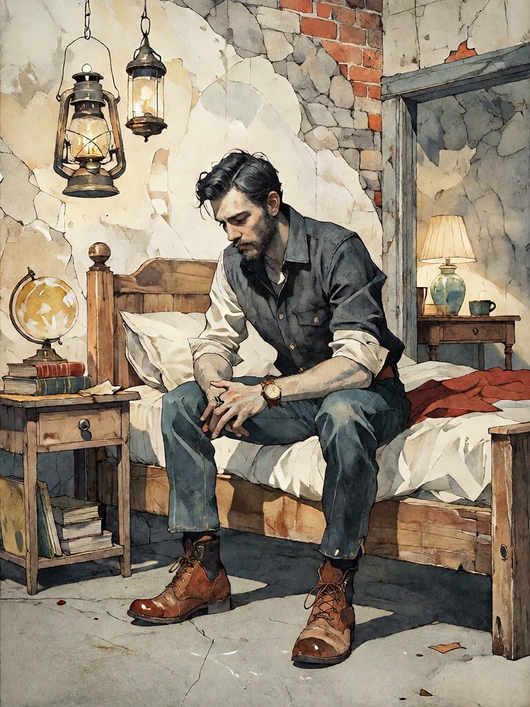 Bradhamel art style,  a man with dark hair and beard sitting on the edge of a rustic wooden bed in a dimly lit,  crumbling...
