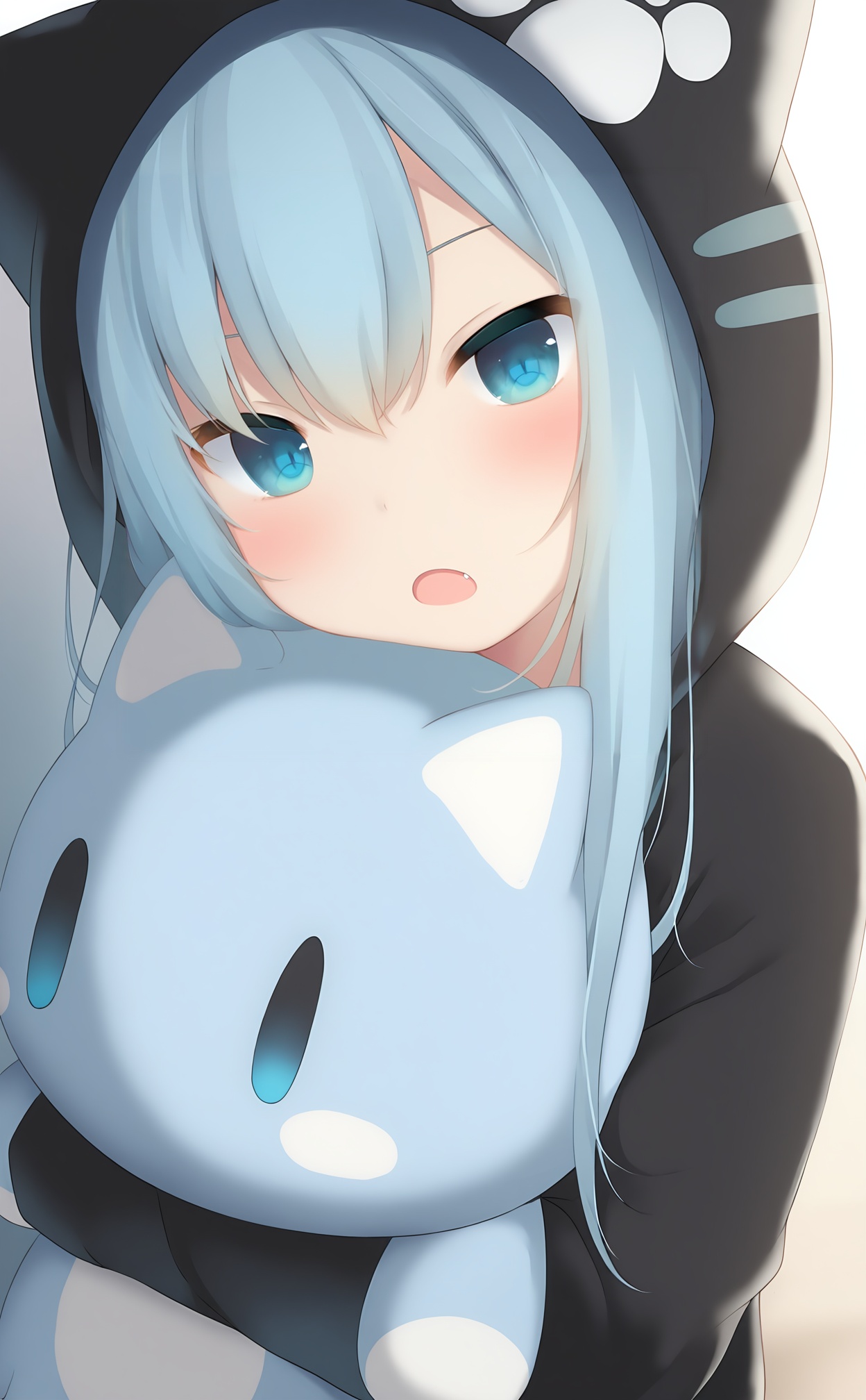 masterpiece,absurdres,best quality,loli,petite,high quality,//,1girl,solo,hood,fang,blue_hair,blue_eyes,stuffed_cat,hair_between_eyes,black_hoodie,looking_at_viewer,open_mouth,hoodie,blush,stuffed_toy,hood_up,cat_hood,portrait,animal_hood,long_hair,stuffed_animal,:o,head_tilt,animal_ears,hugging_object,fake_animal_ears,//,//,<lora:gancheng2——【noob】hans:1>,