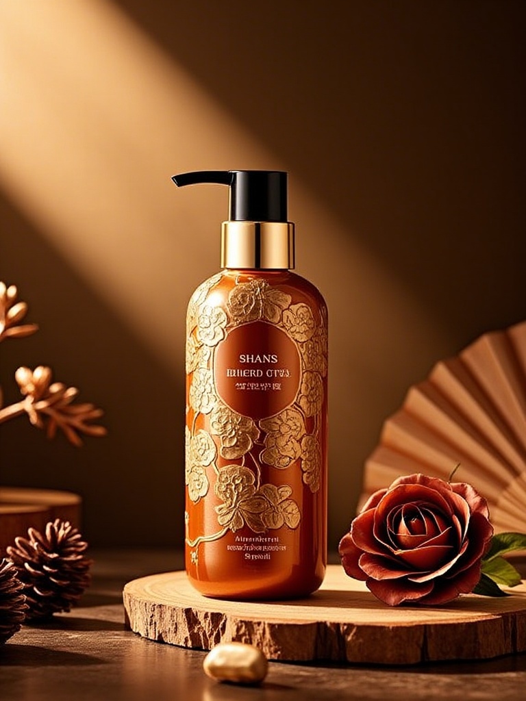 mzsas,a luxurious, brown, cylindrical bottle of SHAN's "SHAN A SHAN" hand cream, adorned with intricate gold floral patterns. The bottle has a black pump and sits on a wooden surface with a rose, pinecones, and fan-shaped decor in the background. The lighting casts soft shadows, enhancing the elegant and sophisticated ambiance.<lora:S-T-商业美妆-S1.4:1>