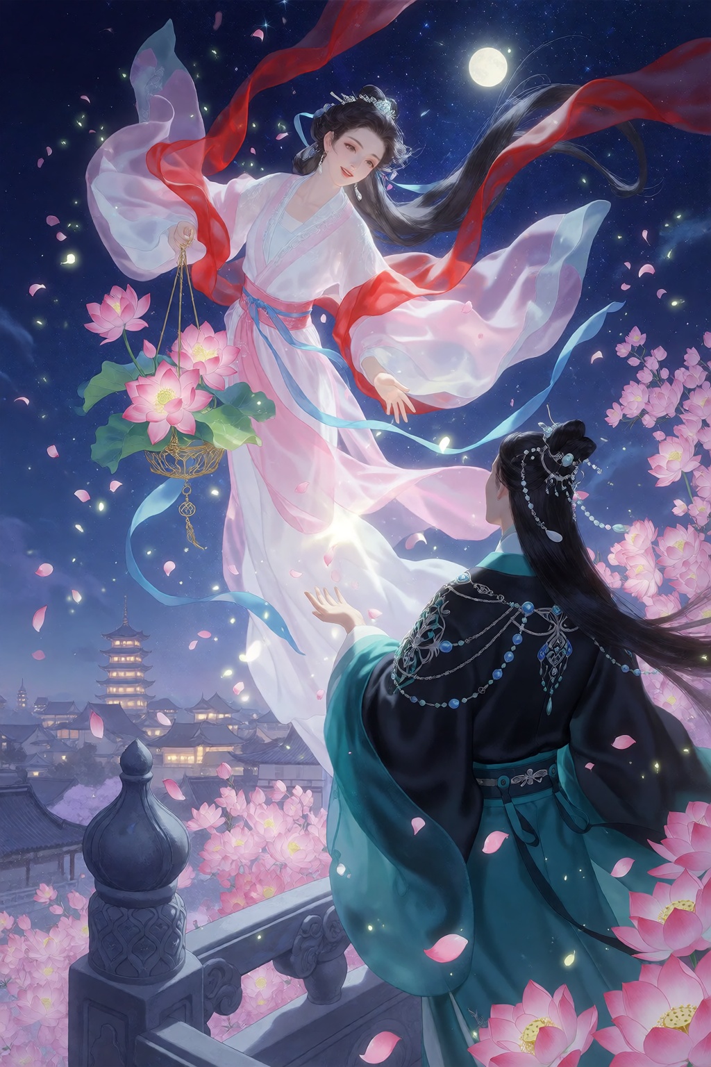 A vertical full shot depicts an ethereal smiling woman floating down from the sky toward a man standing on a balcony below...