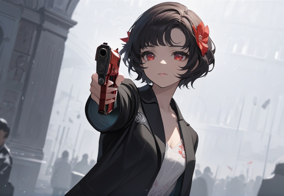 (best quality), ((masterpiece)), (highres), illustration, original, extremely detailed, <lora:GAME美学のTOP_重返未来:0.7>weapon, holding weapon, holding gun, holding, gun, 1girl, short hair, red eyes, solo, looking at viewer, jacket, handgun, black hair, upper body, closed mouth, black jacket, open clothes