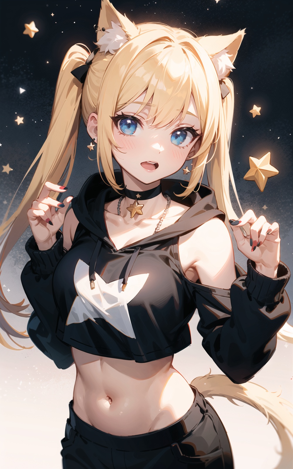 star_\(symbol\), starry_background, starfish, tail, animal_ears, star_hair_ornament, 1girl, cat_tail, hood, miqo'te, cat_ears, hoodie, saint_quartz_\(fate\), hood_down, navel, star_print, crop_top, star_earrings, star_pasties, star_necklace, twintails, midriff, choker, facial_mark, cat_girl, red_nails, nail_polish, looking_at_viewer, solo, long_hair, open_mouth, star_choker, sleeveless_hoodie, stomach, gradient, gradient_background, hair_ornament, collarbone, bare_shoulders, long_sleeves, blonde_hair, blue_eyes, tail_ornament