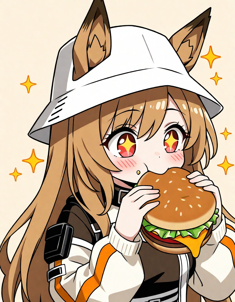 1girl, food, burger, solo, ceobe \(arknights\), holding, animal ears, +_+, holding food, sparkle, red eyes, dog ears, eating, long hair, sparkling eyes, brown hair, tomato, white headwear, ears through headwear, long sleeves, hat, simple background, upper body, jacket, dog girl, lettuce, blush, official alternate costume, cheese, looking at food