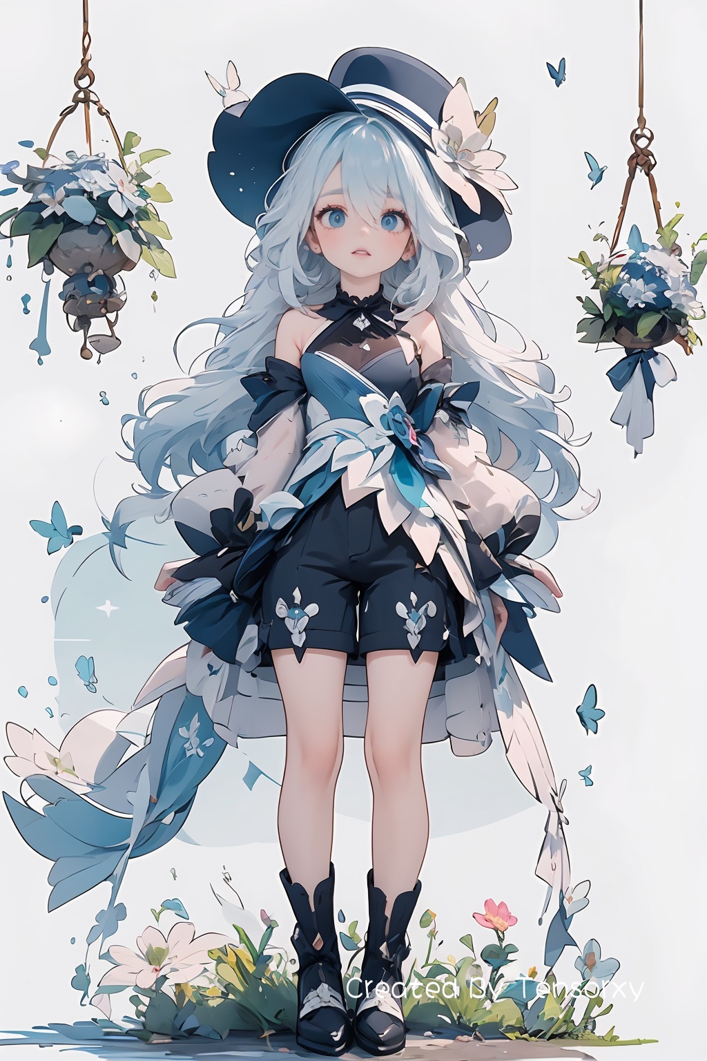 1 14 years old girl,solo,yuan,full body,standing,blue flower,gloves,flower,big blue eyes,white gloves,hat,skirt,blue hair,blue headwear,butterfly,multicolored hair,blue hair,thigh strap,blue rose,ahoge,bangs,white hair,hat flower,(white_dress:1.3),bare legs,frills,black shorts,hair between eyes,Focalors \(genshin impact\),(((masterpiece))),(((best quality))),((ultra-detailed)),<lora:wo-caoyuan:0.7:lbw=ALL>,