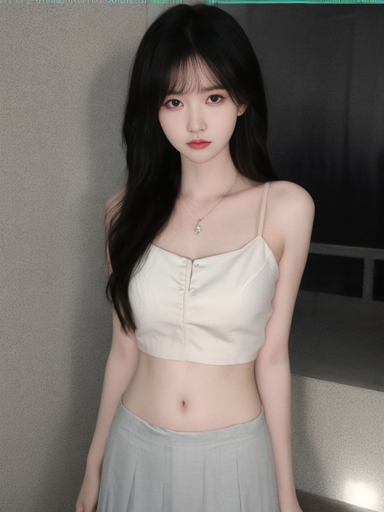 1 girl,solo,(arms_behind_back:1.4),1girl,solo,long hair,looking at viewer,skirt,black hair,navel,bare shoulders,jewelry,sleeveless,midriff,necklace,black eyes,lips,crop top,tattoo,**** top,realistic,arm tattoo,moyou,