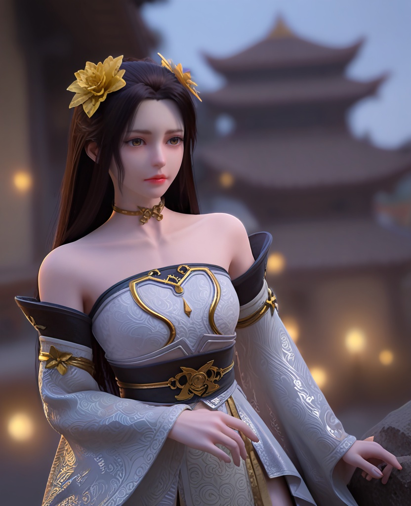 (oriental architecture, elegant decor, sophisticated style:1.1),Posing with arms wrapped around the body,,(breasts:1.2),<lora:XL完美世界十六公主:0.95>,princess sixteen,solo,strapless dress,detached sleeves,wide sleeves,brown eyes,black hair,long hair,yellow hair flower,yellow heart choker,bare shoulders,sidelocks,lips,sash,white overskirt,pelvic curtain,, zPDXL2, score_9, score_8_up, score_7_up BREAK realistic, masterpiece,best quality, highly detailed,, zPDXL3, zPDXL2,zPDXL, zPDXLxxx, zPDXLrl,