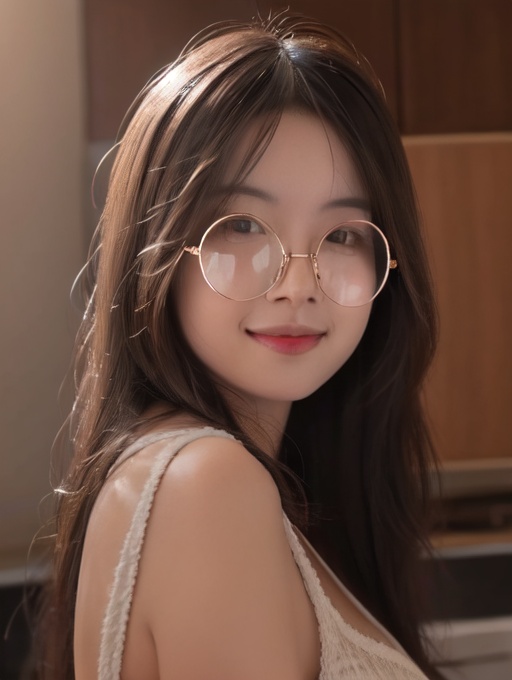 1girl,round eyewear,highres,realistic,highres,<lora:lora-000008.by_tusi:0.8>,looking at viewer,smile,photo,Volumetric Lighting,Cinematic Lighting,photo_(medium),reality,depth_of_field,upper_body,<lora:QYpifuV1:0.2>,<lora:Flux洗图神器:0.2>,