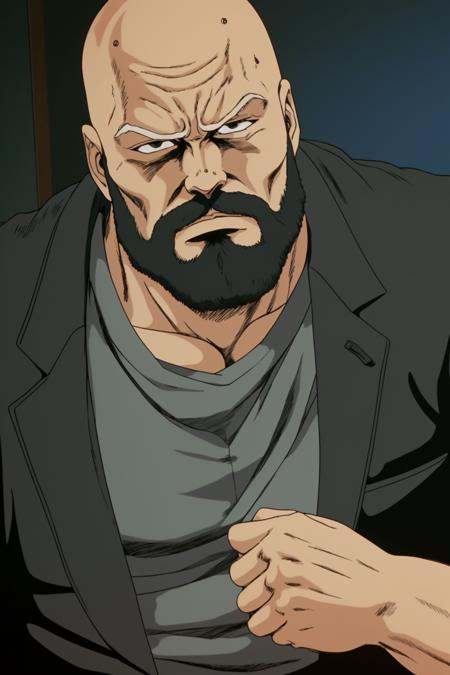 closeup of a bald man with a beard wearing a dark gray business suit,  wearing a black shirt,  in an office HNKstyle on Te...