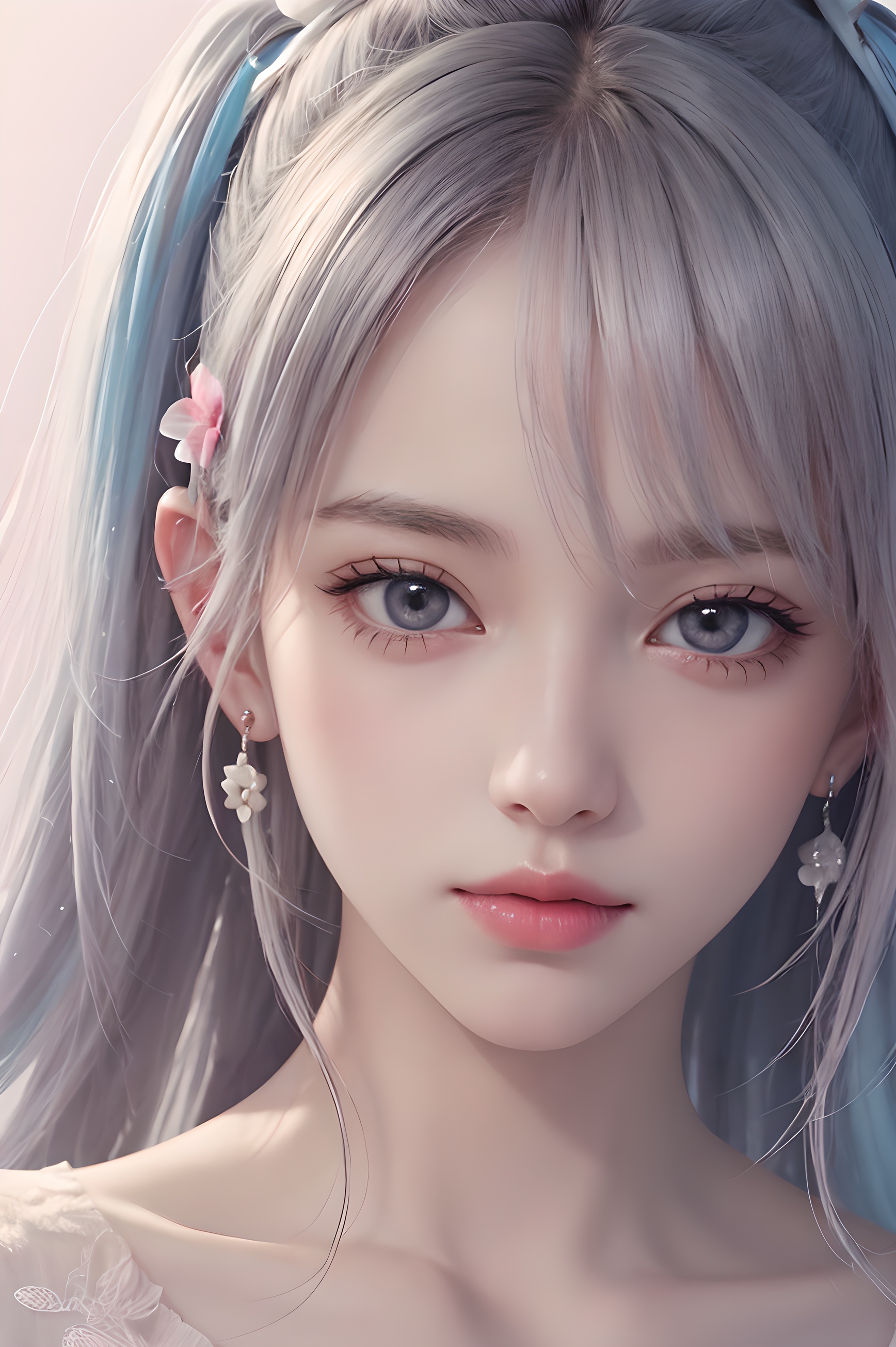 1girl, flower, hair_flower, hair_ornament, earrings, solo, jewelry, hatsune_miku, white_flower, closed_mouth, looking_at_viewer,illustrator, anime , realistic ,sketch , ,lip, Sweater,order,Pink Purple gradient background, Neon hair,Textured crop, Canadian, (masterpiece,best quality),masterpiece,high quality,best quality),(colorful),(delicate eyes and face),volumatic light,ray tracing,extremely detailed CG unity 8k wallpaper,(ahoge:1.3),best quality,official art,(((light from the sky))),floating hair,light shines on hair,whultra-detailed,(((extremely detailed cg 8k wallpaper))),(crystalstexture skin:1.4),(extremely delicate and beautiful),(white skin),looking_at_viewer,kinghere fensejiaren,,realistic,