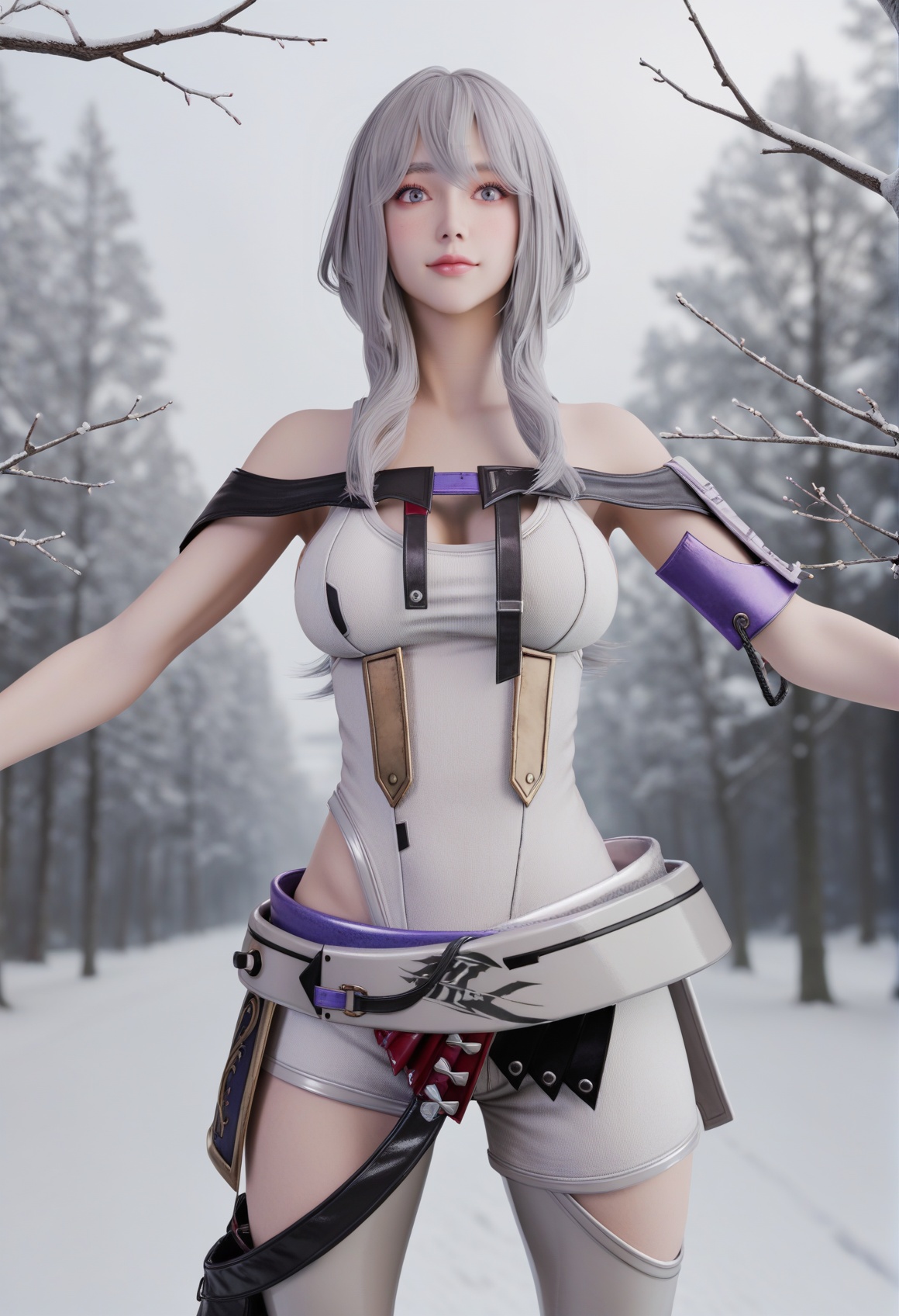 (score_9),<lora:红莲-pony:0.8>,1girl,solo,grey hair,light blush,kind_smile,:d,white **** top,**** top,bare shoulders,rerebrace,waist belt,white shorts,wide belt,shorts,shorts,tassets,single vambrace,high heeled boots,looking at viewer,front view,((stretch)),(reaching),in snow,Tyndall effect,available light,depth of field,tree,snowflakes,branch,twig,masterpiece,best quality,absurdres,highres,