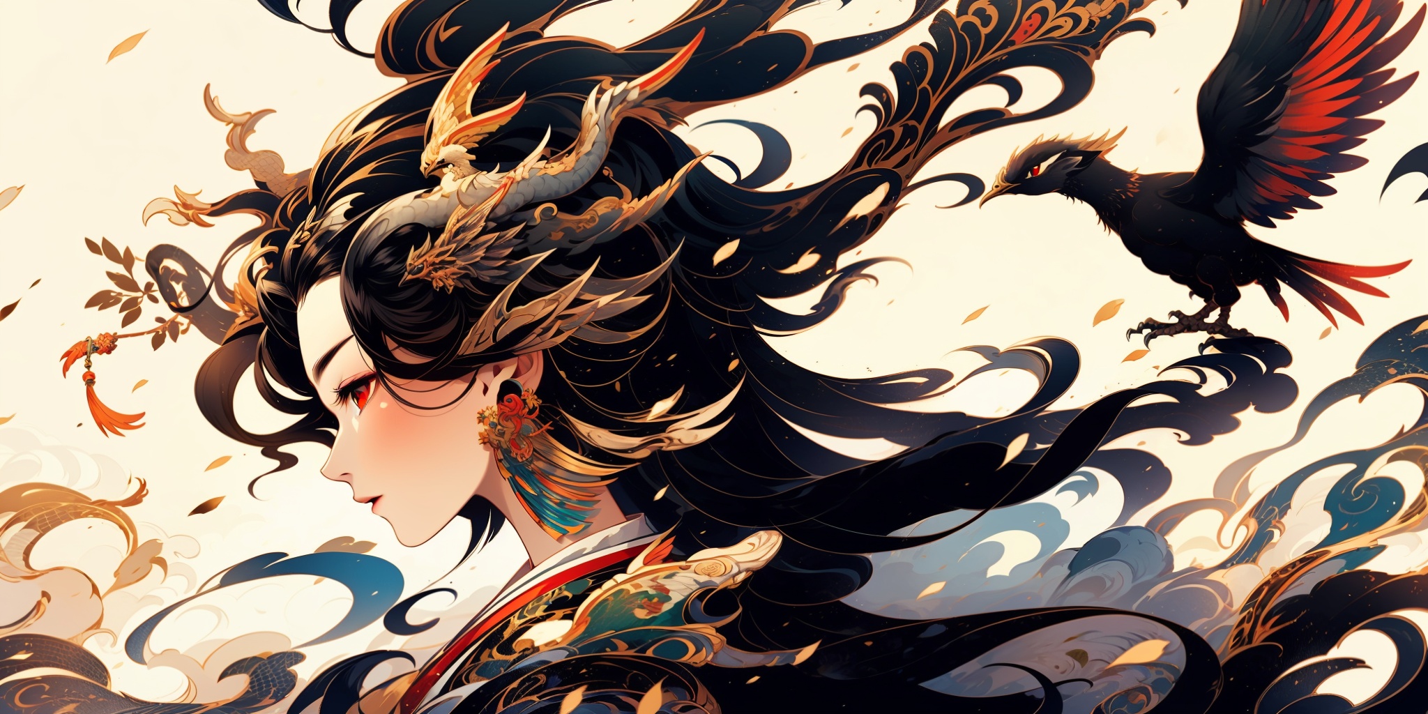 1girl, long hair, black hair, jewelry, earrings, profile, solo, dragon, upper body, hair ornament, red eyes, horns, from side, eastern dragon, bird, floating hair, nail polish
