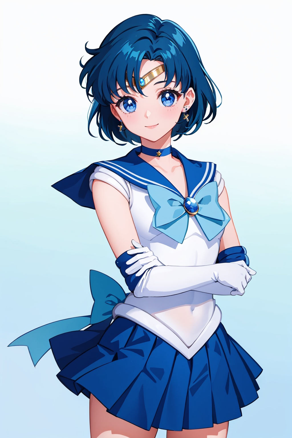 masterpiece,best quality, highly detailed, sailor mercury,1girl,solo,sailor senshi uniform,white gloves,blue skirt,blue sailor collar,elbow gloves,blue choker,smile,earrings,magical girl,pleated skirt,looking at viewer,tiara<lora:sailor_mercury:1>,simple background,white background