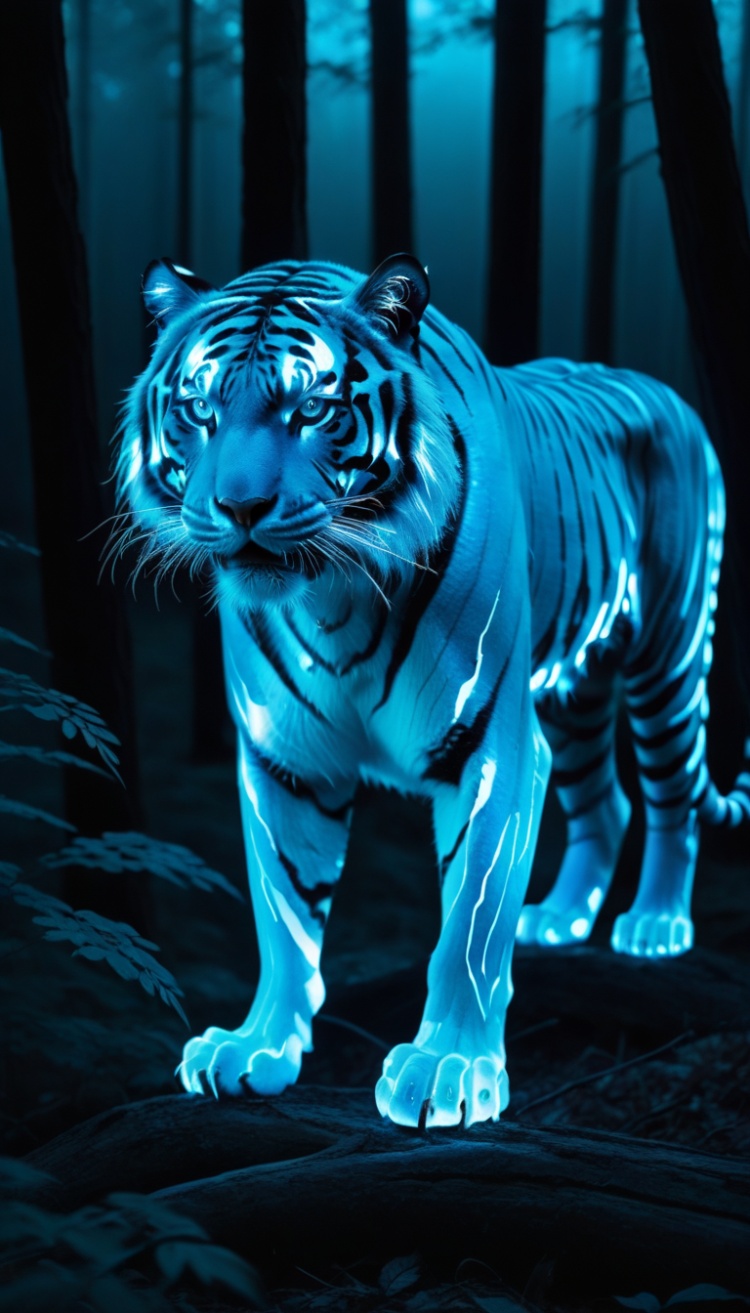 glowing blue bioluminescent tiger,forest,
