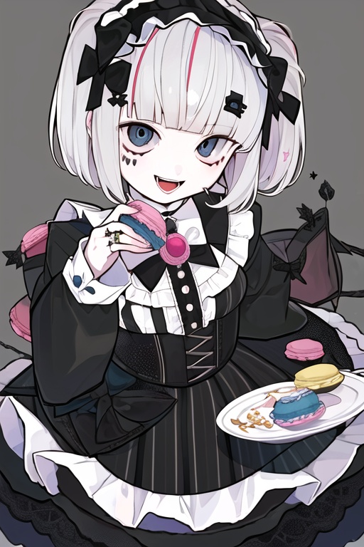 CH, high contrast, 1girl, solo, looking at viewer, smile, short hair, open mouth, bangs, hair ornament, long sleeves, dress, bow, holding, jewelry, multicolored hair, hairband, food, black dress, lolita fashion, gothic lolita, lolita hairband, macaron