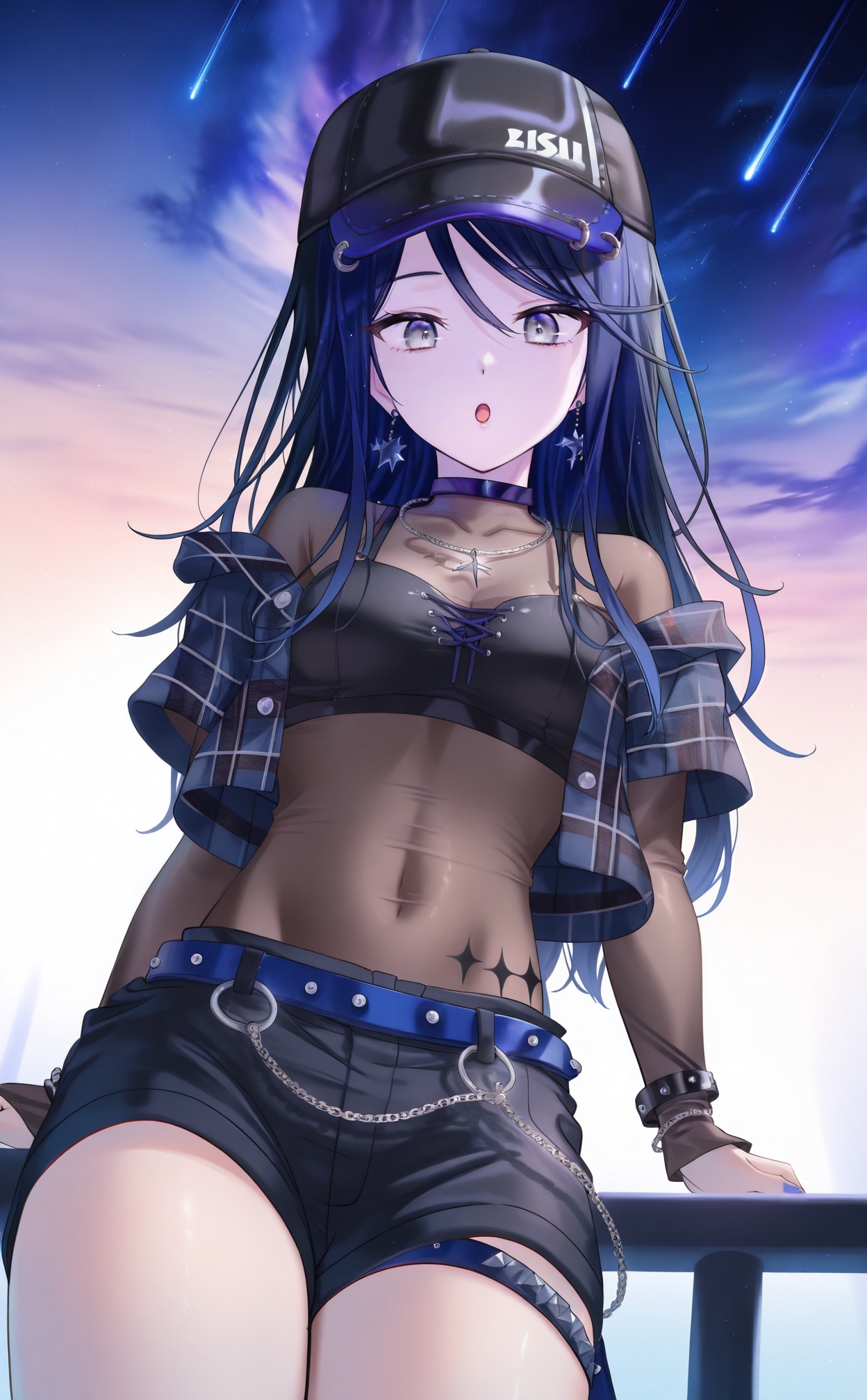 masterpiece,absurdres,best quality,high quality,chromatic_aberration,//,1girl,star_earrings,shorts,jewelry,solo,black_hair,long_hair,hat,black_shorts,baseball_cap,jacket,thigh_strap,earrings,see-through,black_headwear,blue_belt,star_\(symbol\),breasts,looking_at_viewer,bodystocking,belt,:o,chain,bracelet,looking_down,crop_top,open_mouth,star_\(sky\),white_background,grey_eyes,open_jacket,choker,swept_bangs,cowboy_shot,blue_nails,from_below,open_clothes,covered_navel,short_shorts,nail_polish,simple_background,cross-laced_clothes,necklace,navel,black_camisole,midriff,see-through_shirt,starry_sky,hair_between_eyes,fingernails,gradient_hair,layered_sleeves,black_shirt,black_choker,cropped_jacket,multicolored_hair,purple_nails,long_sleeves,dot_nose,undershirt,blue_jacket,nebula,thighs,sky,shirt,plaid_jacket,black_eyes,official_alternate_costume,belly_chain,black_jacket,starry_background,short_sleeves,fishnet_top,standing,fishnets,//,//,<lora:timmoo——【CKXL】hans:1>,