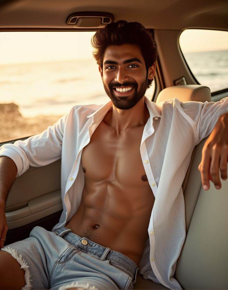 rana daggubati ,  male focus. shirtless smiling. editorial. empathetic eyes. sitting in the passenger seat of a car. natur...