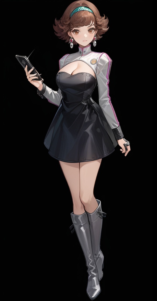 (best quality), ((masterpiece)), (highres), illustration, original, extremely detailed, <lora:GAME美学のTOP_重返未来:0.7>1girl, solo, brown hair, holding, boots, white background, short hair, jewelry, dress, full body, knee boots, simple background, brown eyes, hairband, breasts, cleavage, black footwear, flipped hair, standing, looking at viewer, phone, cleavage cutout, earrings, closed mouth, long sleeves, holding phone, ring, black dress, signature, clothing cutout, medium breasts, bangs