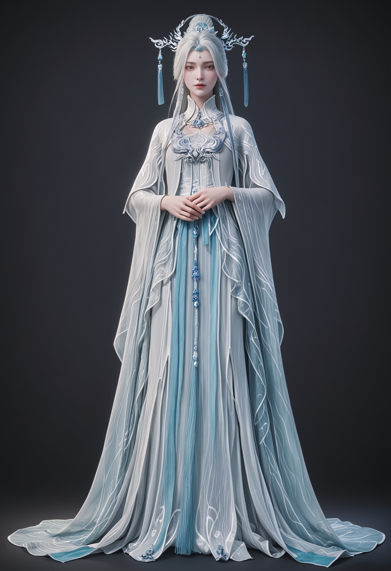 (standing full_body:1.1),score_9,score_8_up,masterpiece,(best quality),intricate details,facing viewer,(looking at viewer:1.1),<lora:YQ_pony_jianma_fuzhuang2_V4:0.8>,q1528437228,solo,1girl,white hair,long hair,jewelry,hair ornament,earrings,hair bun,chinese clothes,dress,long sleeves,white dress,yellow eyes,wide sleeves,forehead mark,brown eyes,robe,single hair bun,tassel,facial mark,BREAKscore_9,score_8_up,masterpiece,(best quality),perfect anatomy,(hourglass),perfect face,(simple background,pure black background,black background:1.1),fair_skin,shiny_skin,Ivory_skin,