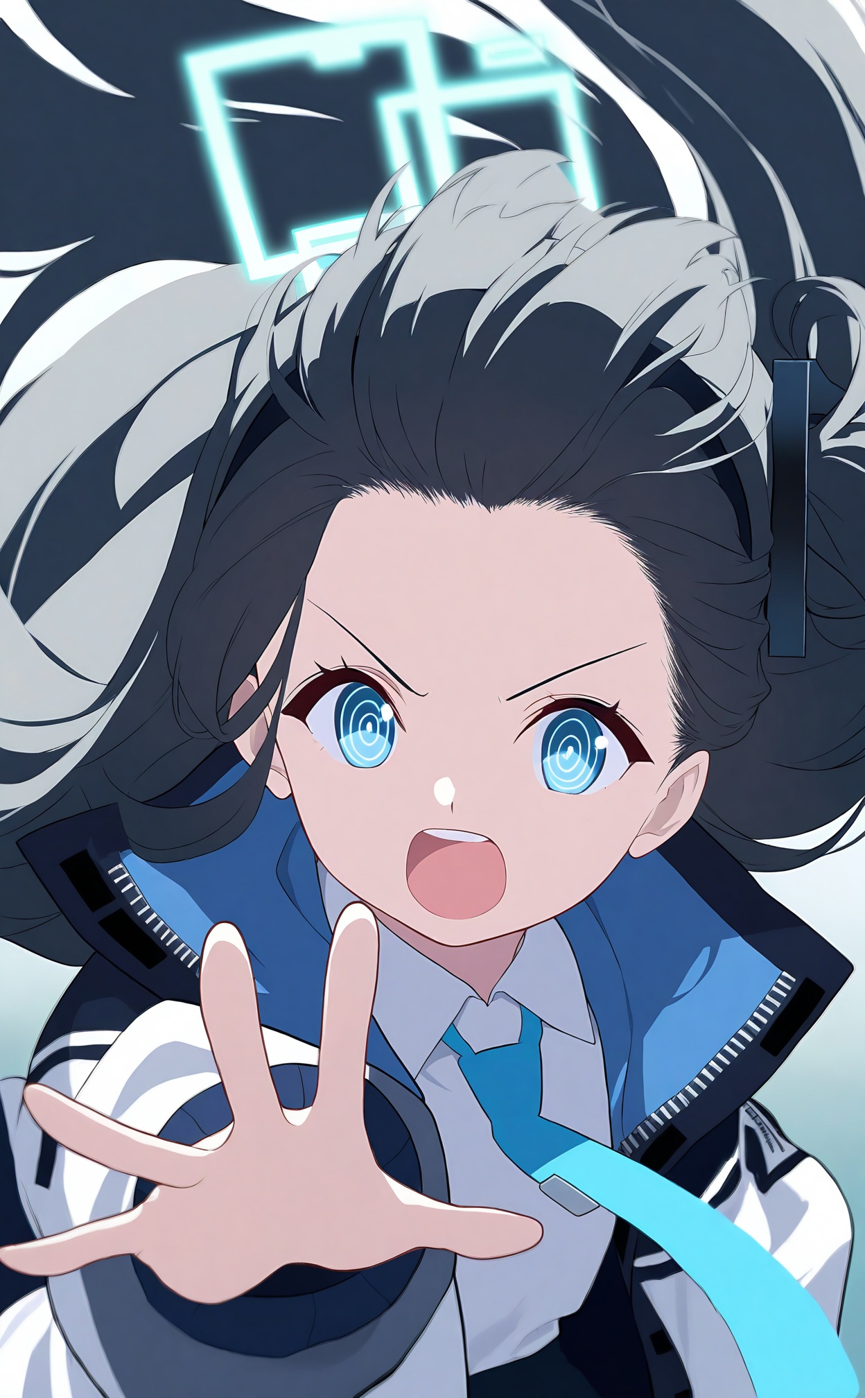 masterpiece,best quality,high quality,loli,1girl, aris (blue archive), solo, ringed eyes, blue eyes, blue necktie, shirt, open mouth, necktie, black hair, long hair, white shirt, collared shirt, jacket, looking at viewer, halo, upper teeth only, forehead, teeth, v-shaped eyebrows, floating hair, very long hair, black hairband, hairband, long sleeves, open clothes, open jacket, outstretched arm, @_@, absurdly long hair, blue theme, blurry, portrait,//,<lora:BA——【noob】hans:1>,