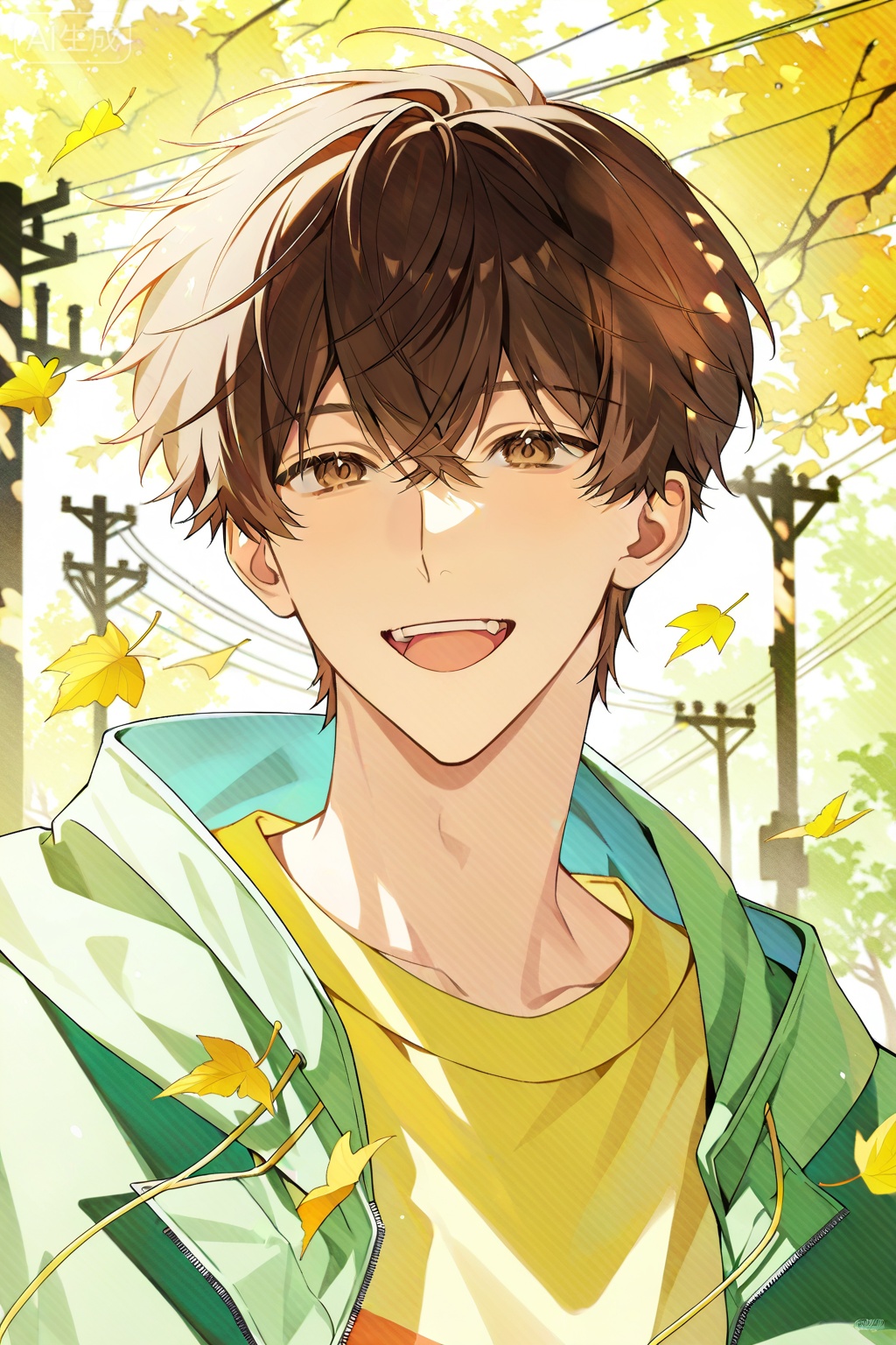 solo, , smile, , short hair, , open mouth, , bangs, , brown hair, , shirt, , 1boy, , hair between eyes, , brown eyes, , jacket, , :d, , male focus, , outdoors, , teeth, , day, , hood, , tree, , hoodie, , leaf, , sunlight, , hood down, , yellow shirt, , sample watermark, , power lines, , utility pole, , , Negative prompt: ng_deepnegative_v1_75t,(badhandv4:1.2),EasyNegative,(worst quality:2),grayscale,worstquality,logo,text,signature,blurry,low quality,cropped,watermark,bad proportions,bad anatomy,username,lowres,normal quality,monochrome,sketches,out of focus,,nsfw, Steps: 29, Sampler: Euler a, CFG scale: 7.0, Seed: 3852565092, Size: 1024x1536, Model hash: fe1361c879, Model: illustrious_v20_1.safetensors, Denoising strength: 0.0, RNG: CPU, Lora 1: Art-CL, Lora Hash 1: 4445d5f805, Lora Weight 1: 0.8, vae_name: automatic