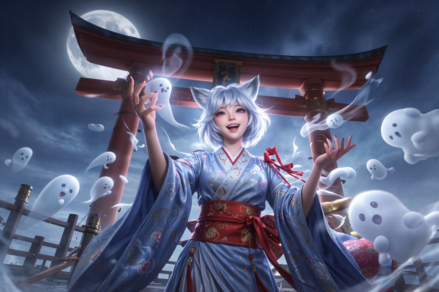 YY Anime style,CG,Semi-realism, ma1ma1helmes_b_illu, (masterpiece, best quality, very aesthetic, amazing quality, absurdres, newest, simple background), BREAK, 1girl, fox_ears, silver_hair, skin_fang, smile, open_mouth, kimono, hitodama, shrine, moon_night, upper_body, :D, ribbon, torii, sky, ghost, stairs, hands up, holding ghost, many ghost
