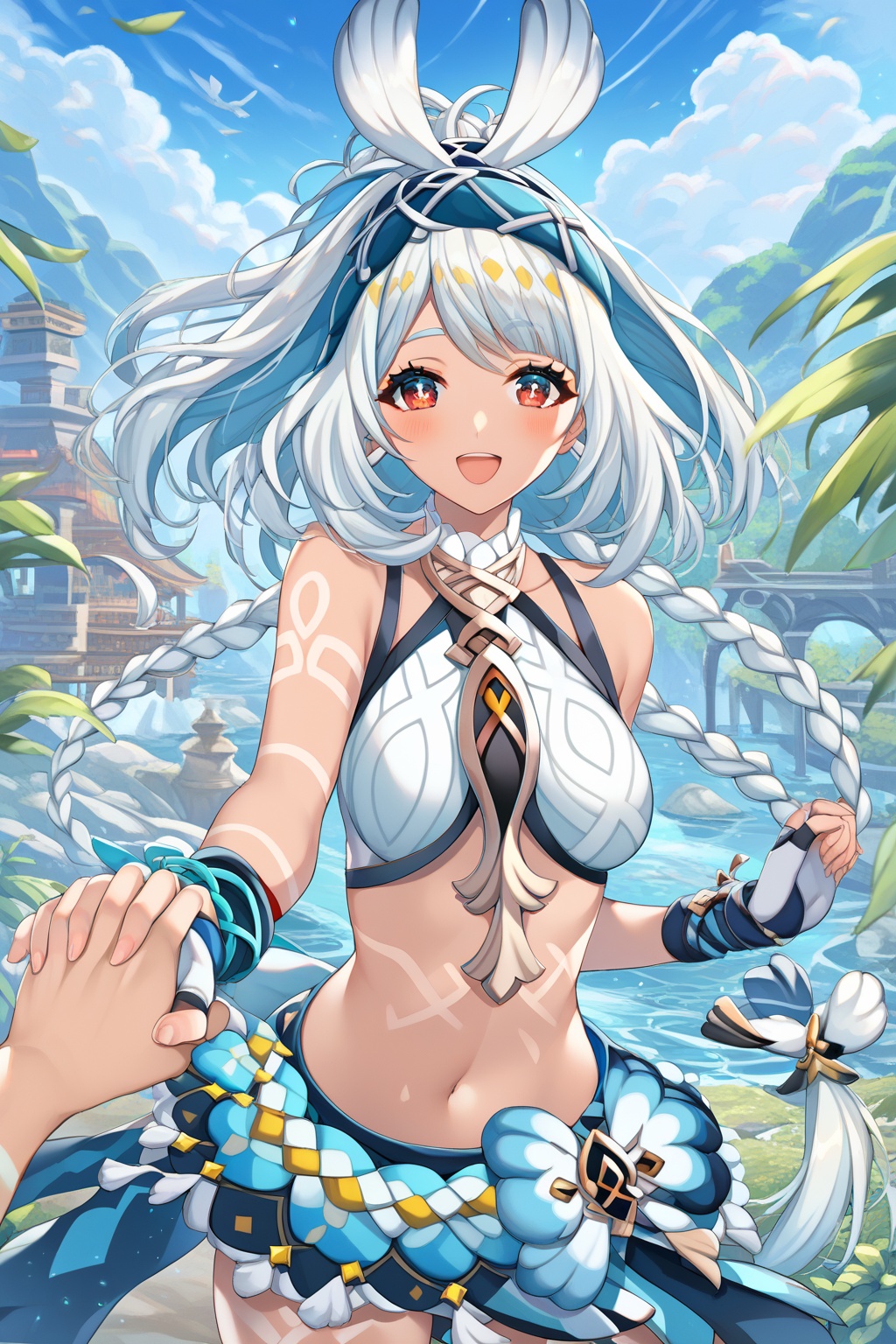 score_9,score_8_up,score_7_up,score_6_up,score_5_up,score_4_up,source_anime,source_cartoon,<lora:mualaniTuPONYXL-000008:1>,mualani \(genshin impact\), 1girl, long hair, breasts, smile, holding hands, open mouth, outdoors, white hair, solo focus, fingerless gloves, twin braids, looking at viewer, bare shoulders, shorts, crop top, pointing, cowboy shot, :d, sky, red eyes, very long hair, day, medium breasts, blush, hairband, blue sky, standing, pov, navel, symbol-shaped_pupils, rabbit ears