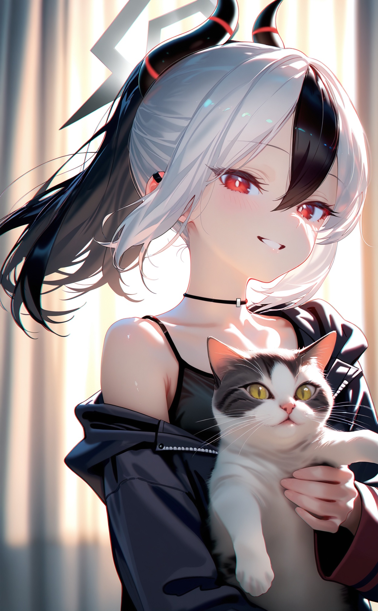 masterpiece,best quality,high quality,loli,chromatic_aberration,//,1girl, kayoko (blue archive), horns, cat, red eyes, black hair, halo, smile, multicolored hair, white hair, animal, holding, solo, jacket, ponytail, demon horns, looking at viewer, black choker, holding animal, hair between eyes, choker, hood, two-tone hair, upper body, long sleeves, black jacket, holding cat, **** top, black horns, grey halo, off shoulder, single bare shoulder, sidelocks, camisole, black hoodie, hoodie, collarbone, blurry, grin, blush, hooded jacket, black camisole, blurry background, curtains, parted lips//,//,official art,depth of field,detailed light,blurry background,cinematic lighting,ray tracing,ultra detailed,god rays,backlighting,photo background,film grain,chromatic aberration,volumetric lighting,depth of field,blurry background,shiny skin,floating hair,cinematic lighting,day,very aesthetic,<lora:MAQ326——【noob】hans:0.8>,