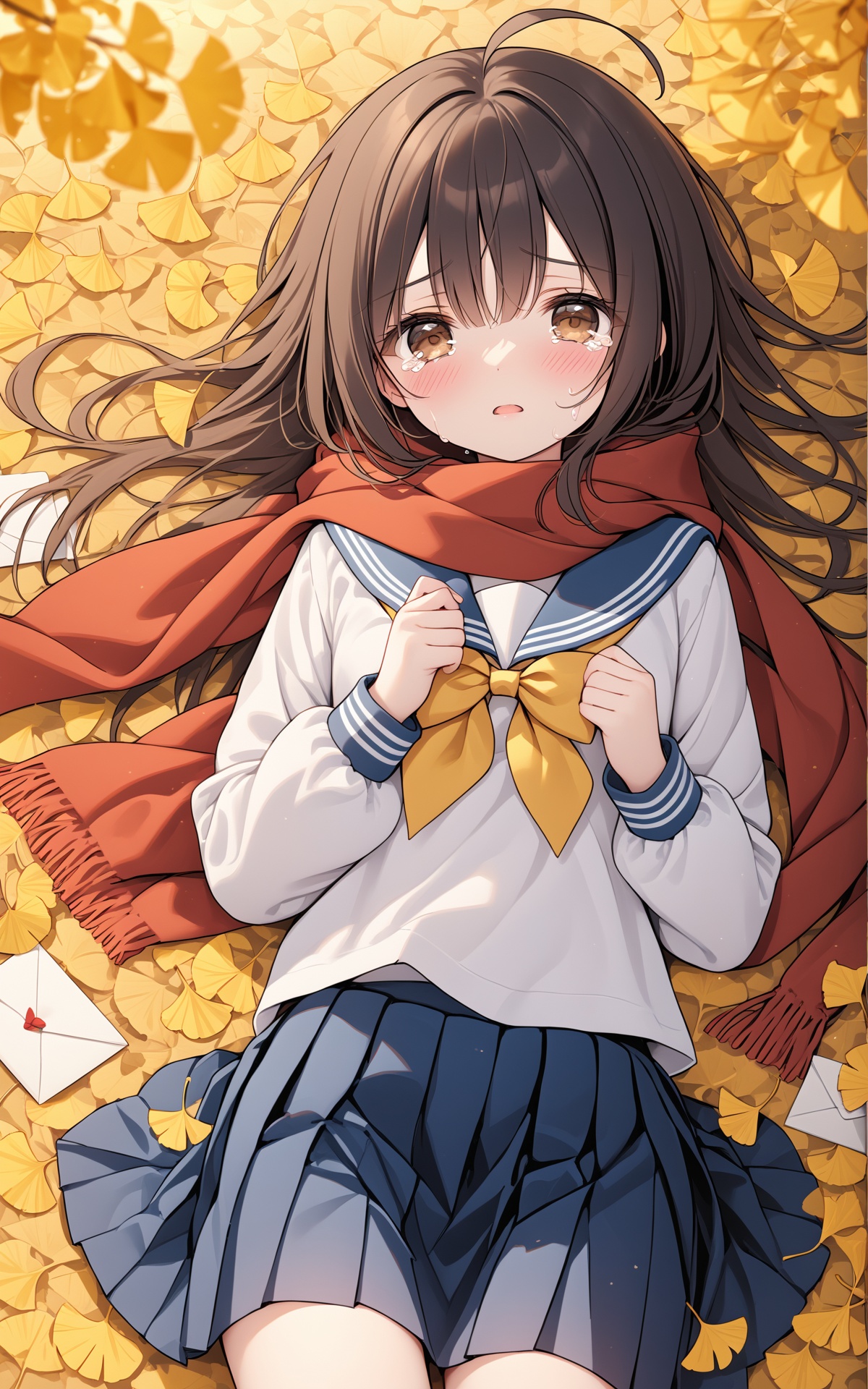 masterpiece, best quality, 1girl, solo, school uniform, skirt, scarf, lying, serafuku, on back, long sleeves, autumn, blue skirt, looking at viewer, sailor collar, bow, brown eyes, long hair, tears, autumn leaves, bangs, blue sailor collar, shirt, parted lips, pleated skirt, white shirt, envelope, ahoge, blurry, red scarf, black hair, crying, leaf, letter, crying with eyes open, yellow bow, outdoors, brown hair, bowtie, ginkgo leaf, from above, tearing up, blush,