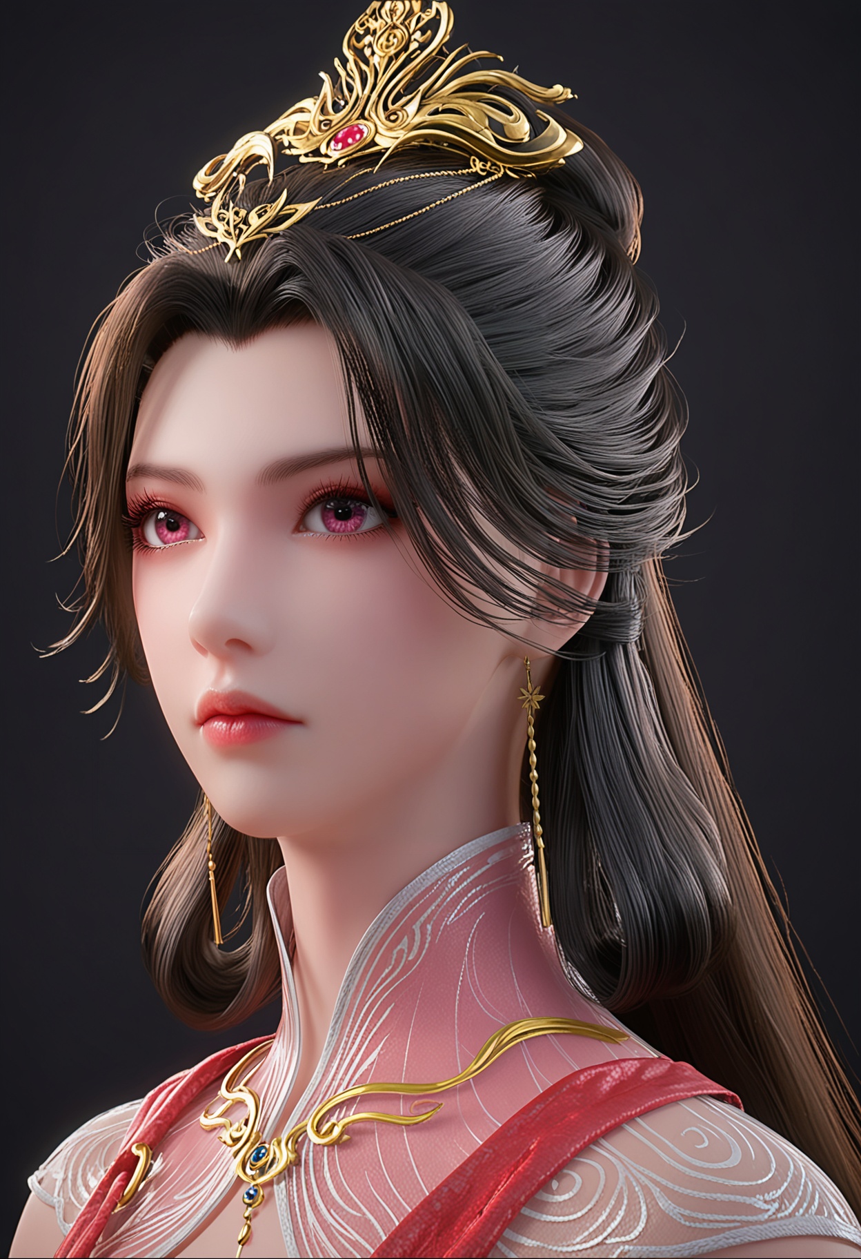 score_9,looking_at_viewer,upper body,large breasts,1girl,solo,long hair,pink eyes,jewelry,earrings,hair ornament,dress,black hair,closed mouth,red dress,brown hair,expressionless,hair bun,realistic,hair rings,high heels,(simple background,pure black background,black background:1.1),perfect_anatomy,<lora:QQSponyzhaolinerV1:0.8>,