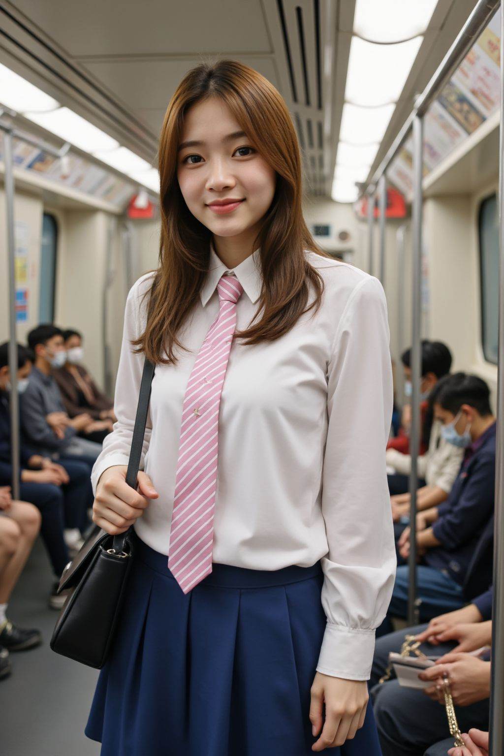 The image is a high-resolution photograph,A photograph of a young girl with fair skin,standing on a subway train. She has straight long hair,and wears a white blouse,pink and white striped tie,and a blue short pleated skirt. She was carrying a black shoulder bag, with a confident expression and a smile on her face. Other passengers are seated in the background. The subway car has metal poles and advertisements on the walls.