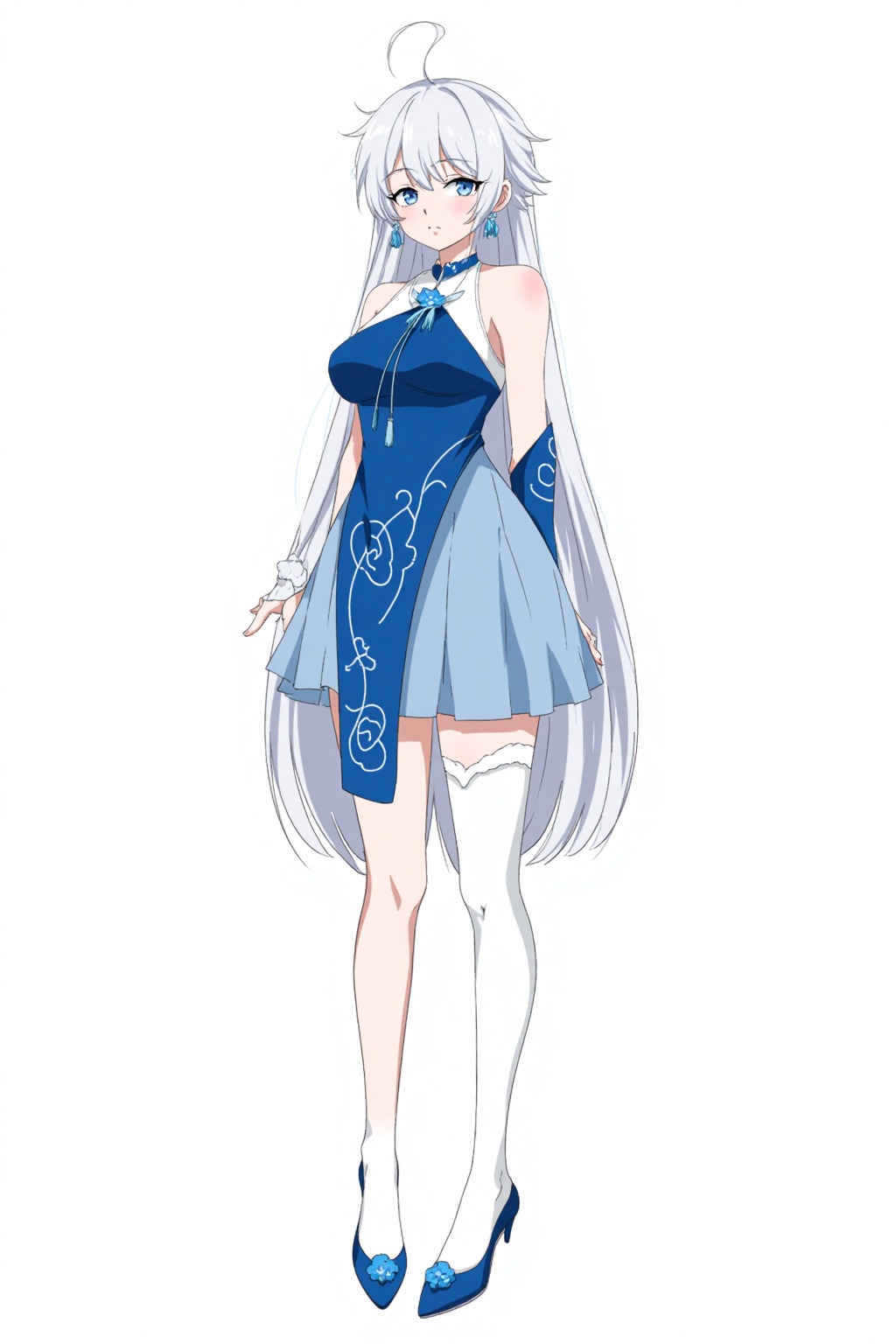 HEZI, Character Design, animation art, quadratic, bright colors, 1girl, solo, long hair, blue eyes, jewelry, earrings, full body, white background, single thighhigh, white hair, thighhighs, bangs, dress, simple background, kiana kaslana, looking at viewer, bare shoulders, standing, closed mouth, blue footwear, white thighhighs, hair between eyes, blue dress, very long hair, chinese clothes, blue skirt, skirt, asymmetrical legwear, sleeveless, tassel, shoes, elbow gloves, high heels, gloves, detached sleeves, sleeveless dress, bridal gauntlets, blue flower, uneven legwear