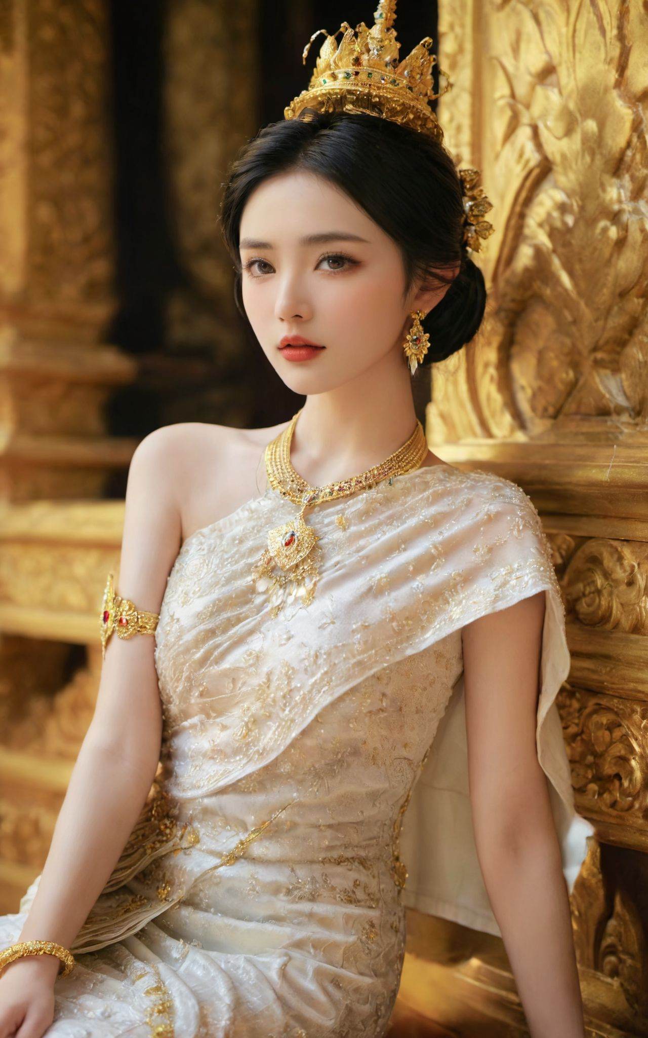 XUER Dai nationality clothing,1girl,solo,looking at viewer,black hair,hair ornament,dress,jewelry,sitting,earrings,indoors,necklace,white dress,blurry,bracelet,lips,blurry background,ring,crown,realistic,gold,<lora:绪儿傣族服装XUER Dai nationality clothing:0.8>,(8k, RAW photo, highly detailed,masterpiece,highest quality),rich colors,high contrast,cinematic light,highres,(detailed face),ultra-realistic,high dynamic range,photoreal,epic realistic,dark shot,shadows,darkness,contrast,layered colors,vivid colors,contrast,offcial art,colorful,splash of color,movie perspective,very aesthetic,disheveled hair,perfect composition,moist skin,intricate details,moody,epic,photorealistic,color  graded cinematic,atmospheric lighting,award winning photo,film grain,A shot with tension,(Visual impact,giving the poster a dynamic and visually striking appearance:1.2),impactful picture,A shot with tension,(Visual impact,giving the poster a dynamic and visually striking appearance:1.2),impactful picture,offcial art,movie perspective,advertising style,magazine cover,