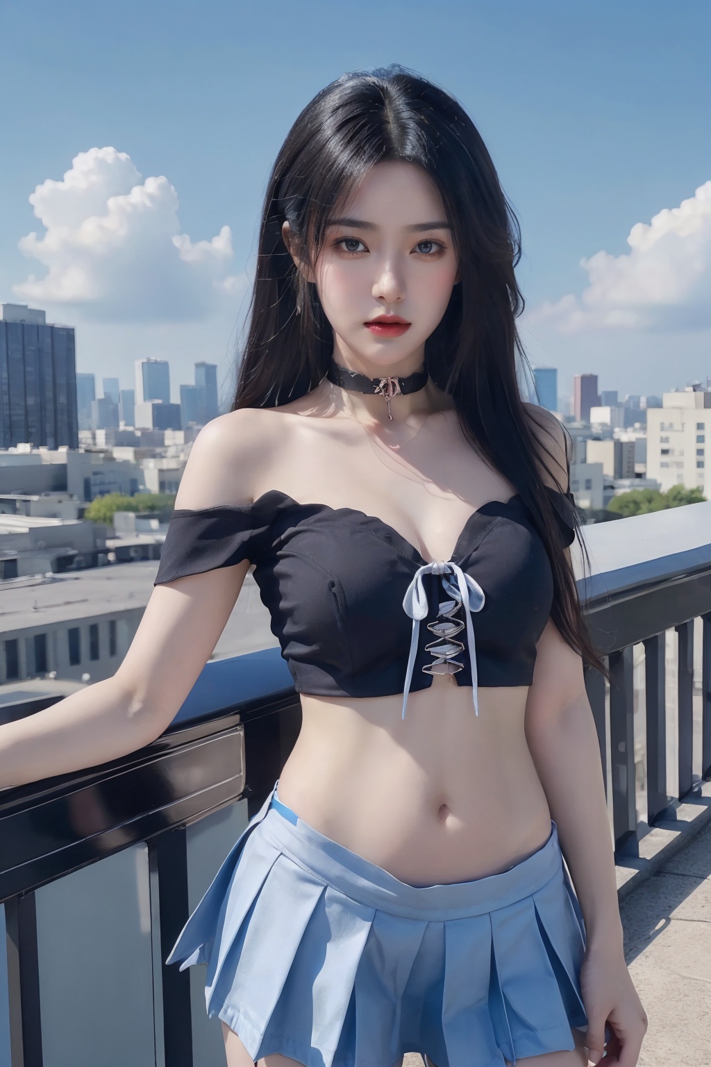 1girl, bandeau, bare shoulders, black choker, blue sky, breasts, choker, cleavage, collarbone, cowboy shot, crop top, day, facial mark, forehead mark, garter straps, grey eyes, jewelry, lips, long hair, looking at viewer, medium breasts, midriff, miniskirt, navel, off shoulder, outdoors, skirt, sky, solo, standing, stomach, thighhighs   <lora:美女:0.66>