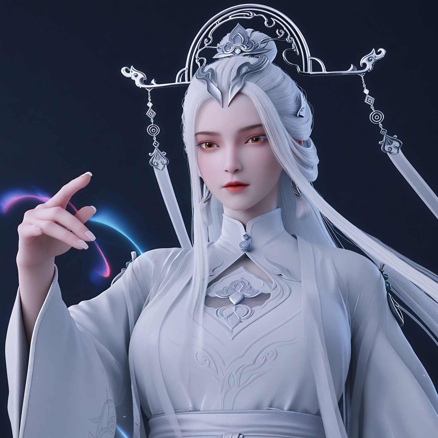 (upper_body:1.1),(huge breasts:0.9),86.<lora:YQponyjianmaV2:0.8>,q1528437228,solo,1girl,white_hair,long_hair,hair_ornament,dress,jewelry,white_dress,long_sleeves,chinese_clothes,earrings,wide_sleeves,brown_eyes,sash,hair_stick,yellow_eyes,hair_bun,hanfu,robe,blue_eyes,crown,kimono,single_hair_bun,red_eyes,braid,obi,tassel,,blush,(looking_at_viewer:1.1),BREAKintricate details,shiny_skin,solo focus,(blurry background:1.1),(depth of field:1.1),perfect_anatomy,(cinematic lighting:0.9),(volumetric lighting:0.9),(simple background,pure black background,black background:1.1),