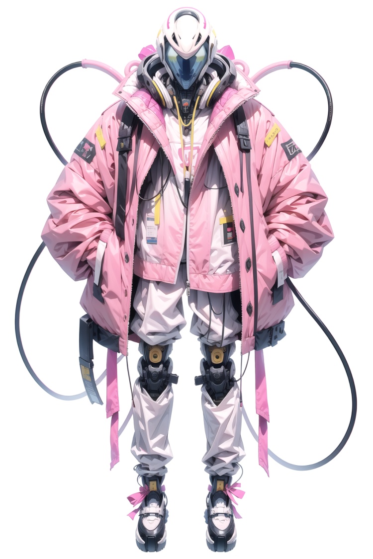 No human, solo, phosphor, sci-fi, robot pink, full body side, pink costume, pink pants, pink cable, cable, pink tube, jacket, wire