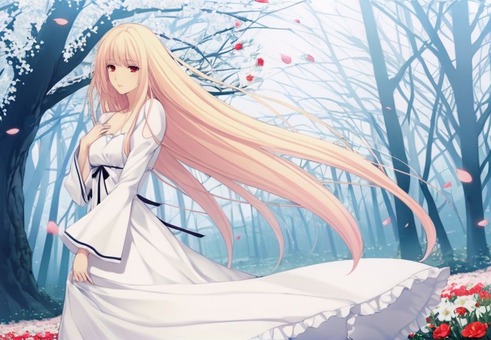 (best quality), ((masterpiece)), (highres), illustration, original, extremely detailed,   <lora:黑暗物语葬の花:0.7>1girl, solo, long hair, dress, blonde hair, flower, red eyes, very long hair, tree, petals, hand on own chest, white dress