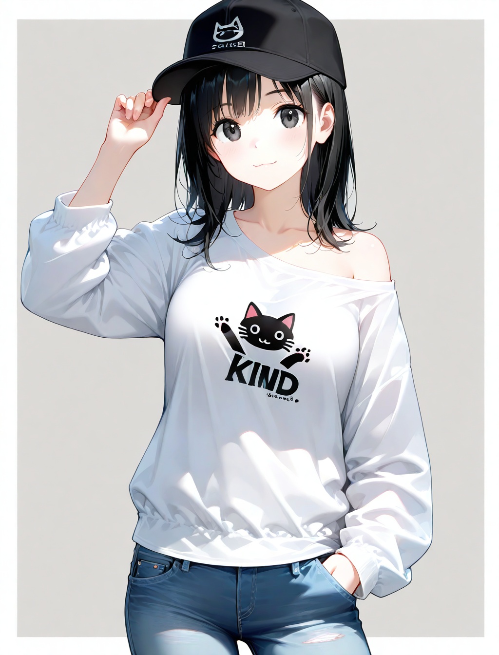 1girl, solo, black hair, hat, denim, pants, grey background, baseball cap, white border, jeans, shirt, looking at viewer, smile, border, black eyes, hand in pocket, white shirt, long sleeves, single bare shoulder, :3, hand on headwear, closed mouth, simple background, outside border, clothes writing, medium hair, adjusting headwear, off shoulder, cat print, animal print, breasts, black headwear, blue pants, adjusting clothes, collarbone, print shirt, medium breasts, standing, long hair, contrapposto, single off shoulder
