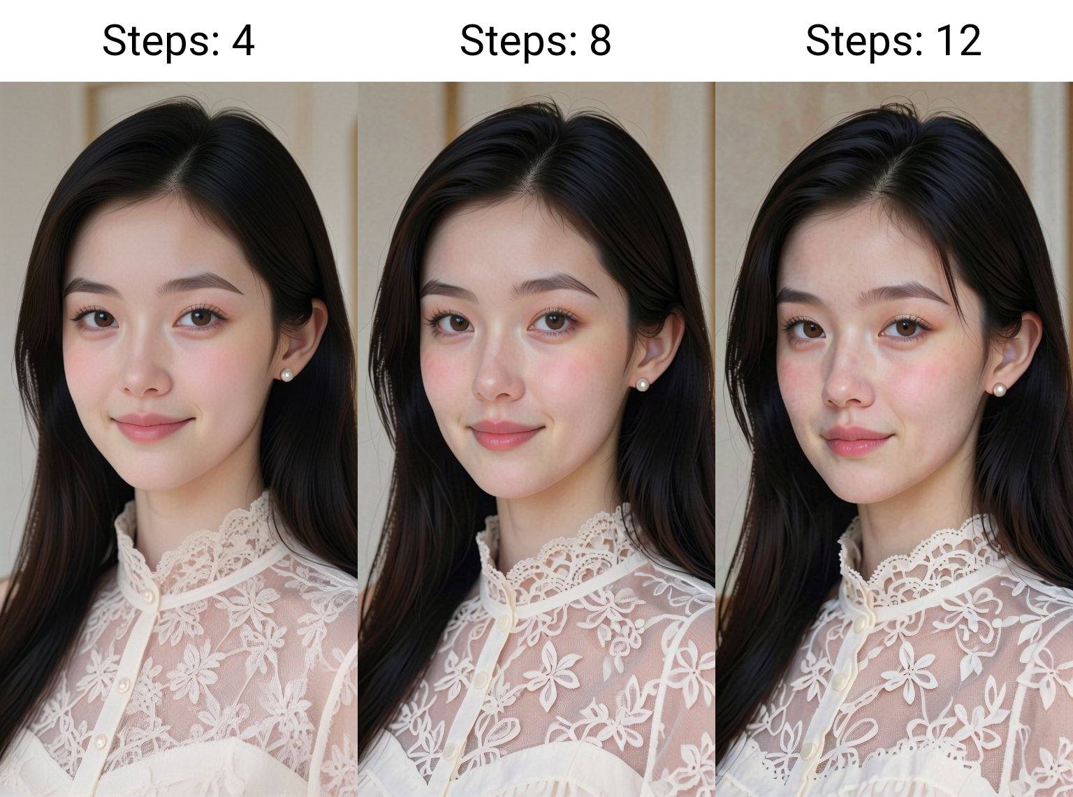 A photograph of a young Asian woman with fair skin and long,  straight black hair. She has delicate features,  wearing a w...